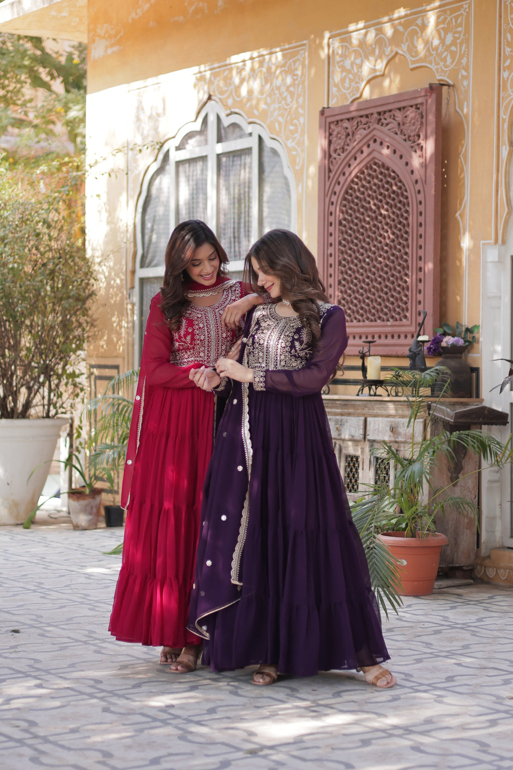 Women's Pink & Wine Faux Georgette Pearl Embroidered Anarkali Set