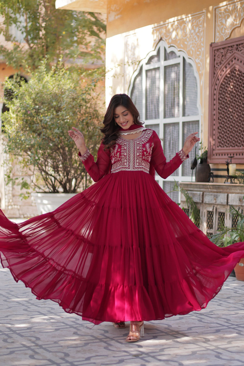 Women's Pink Faux Georgette Embroidered Pearl Work Anarkali Set