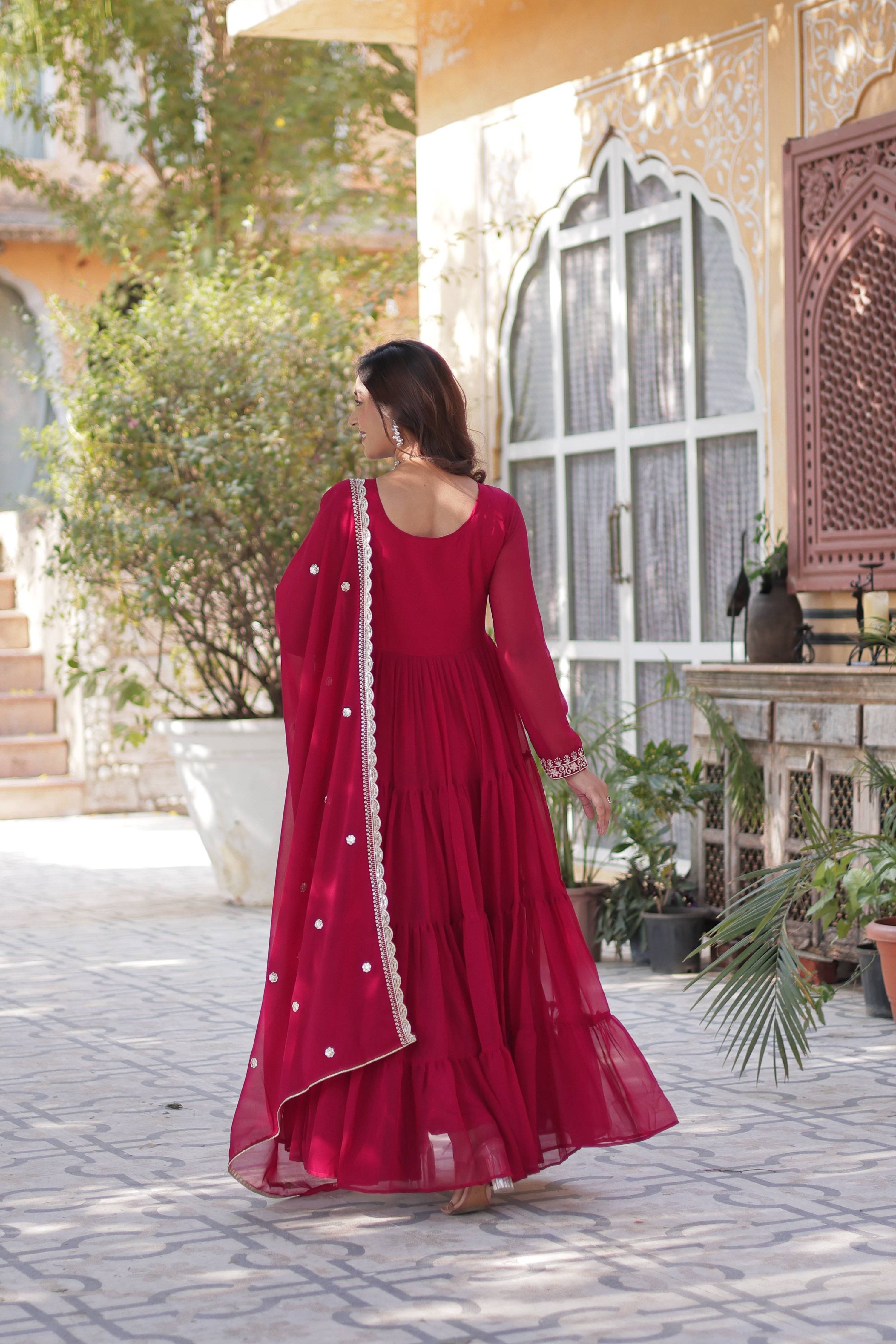 Women's Pink Faux Georgette Embroidered Pearl Work Anarkali Set