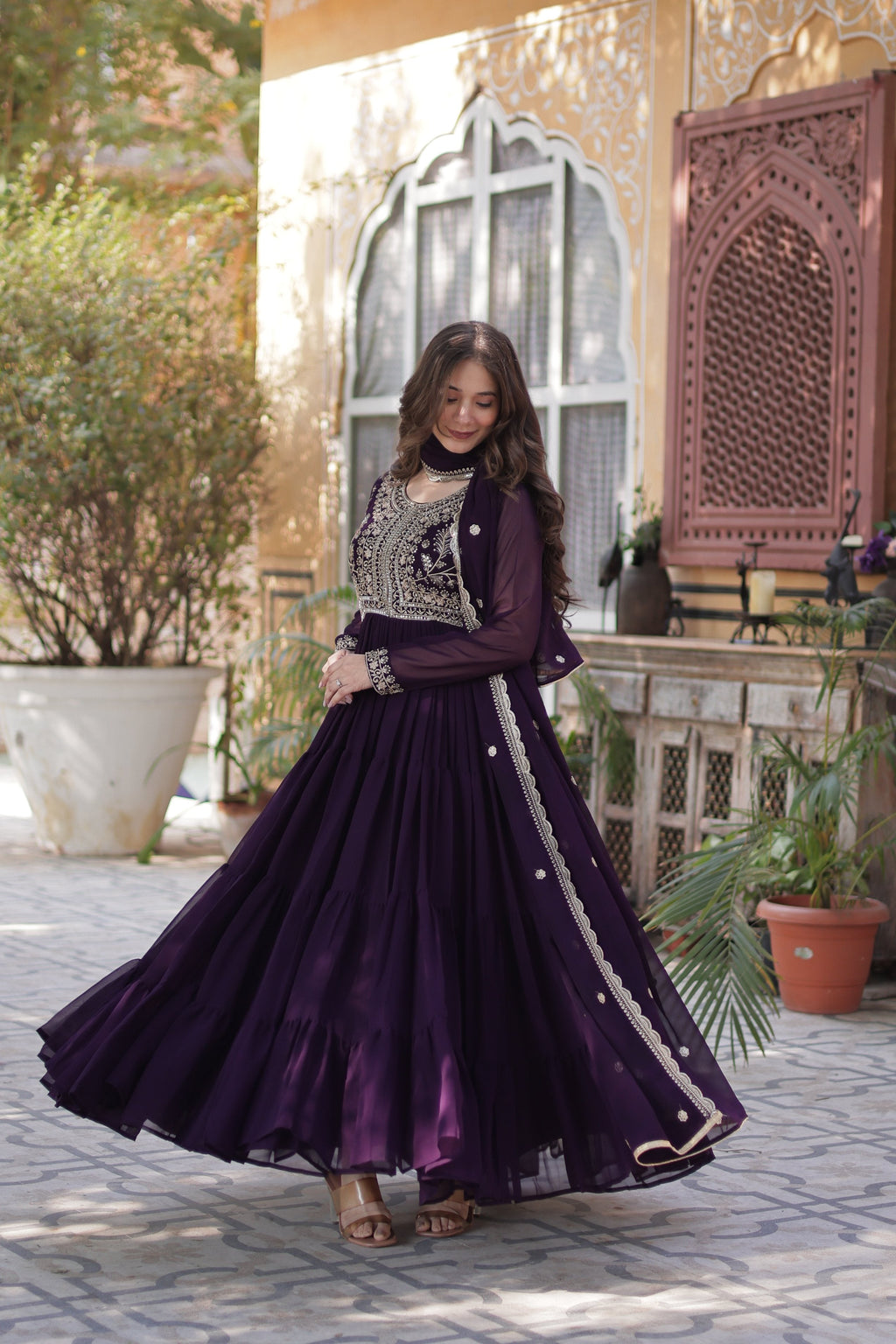 Women's Wine Faux Georgette Pearl Embroidered Anarkali Set