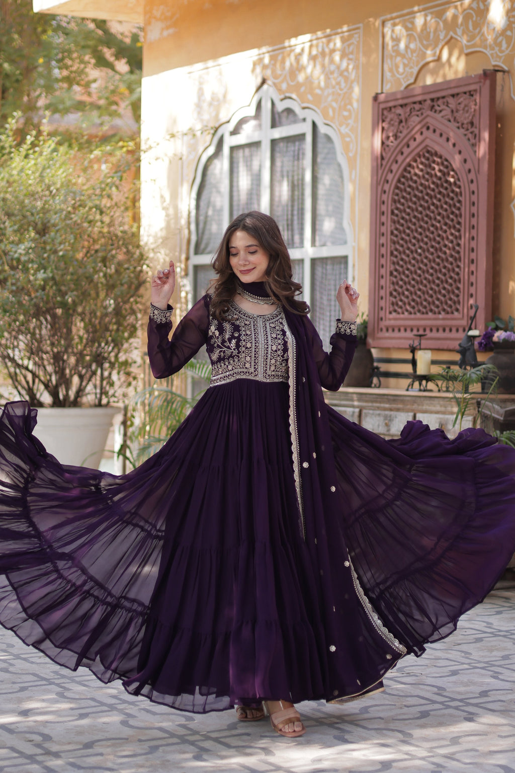 Women's Wine Faux Georgette Pearl Embroidered Anarkali Set
