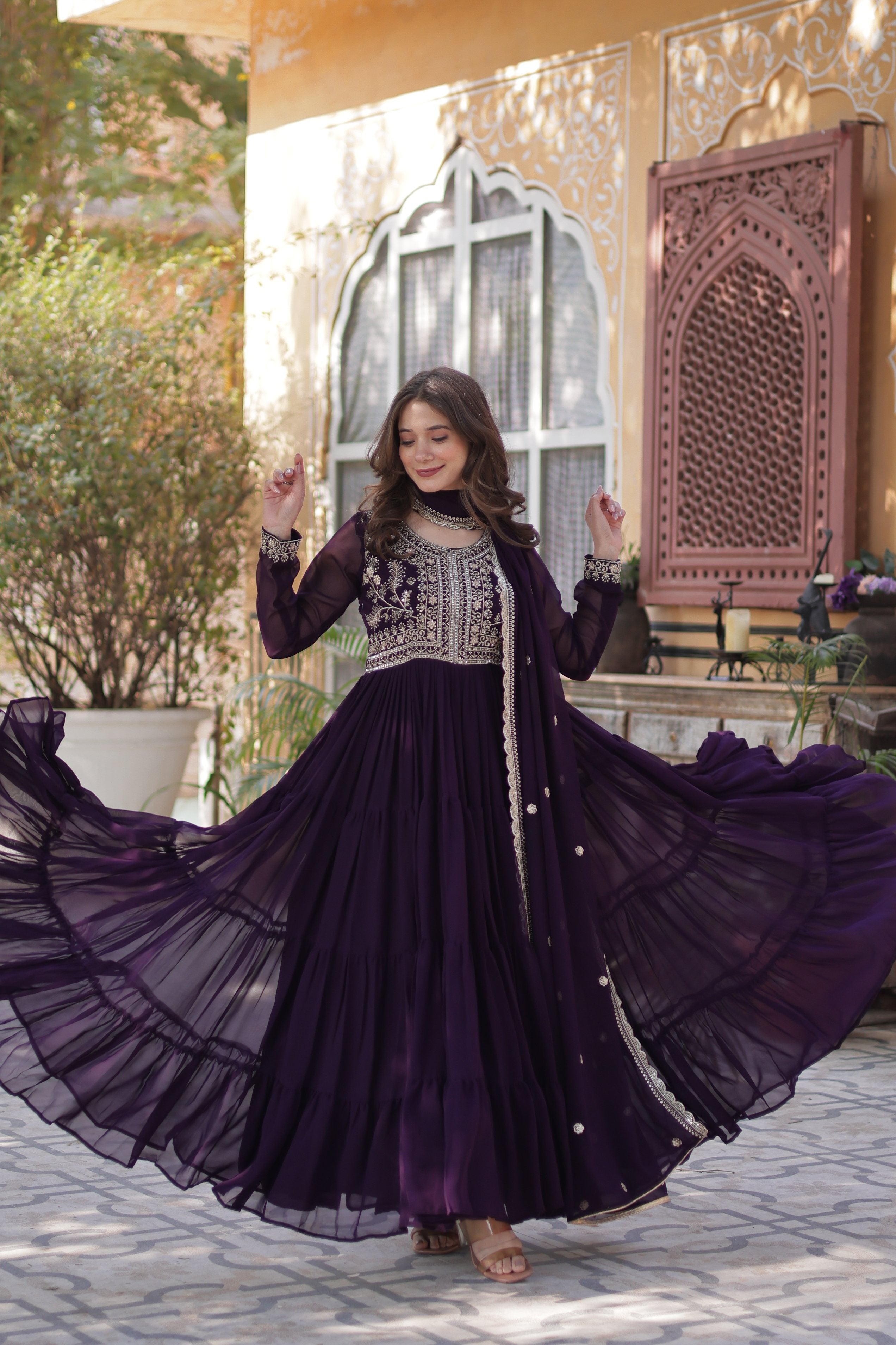 Women's Wine Faux Georgette Pearl Embroidered Anarkali Set