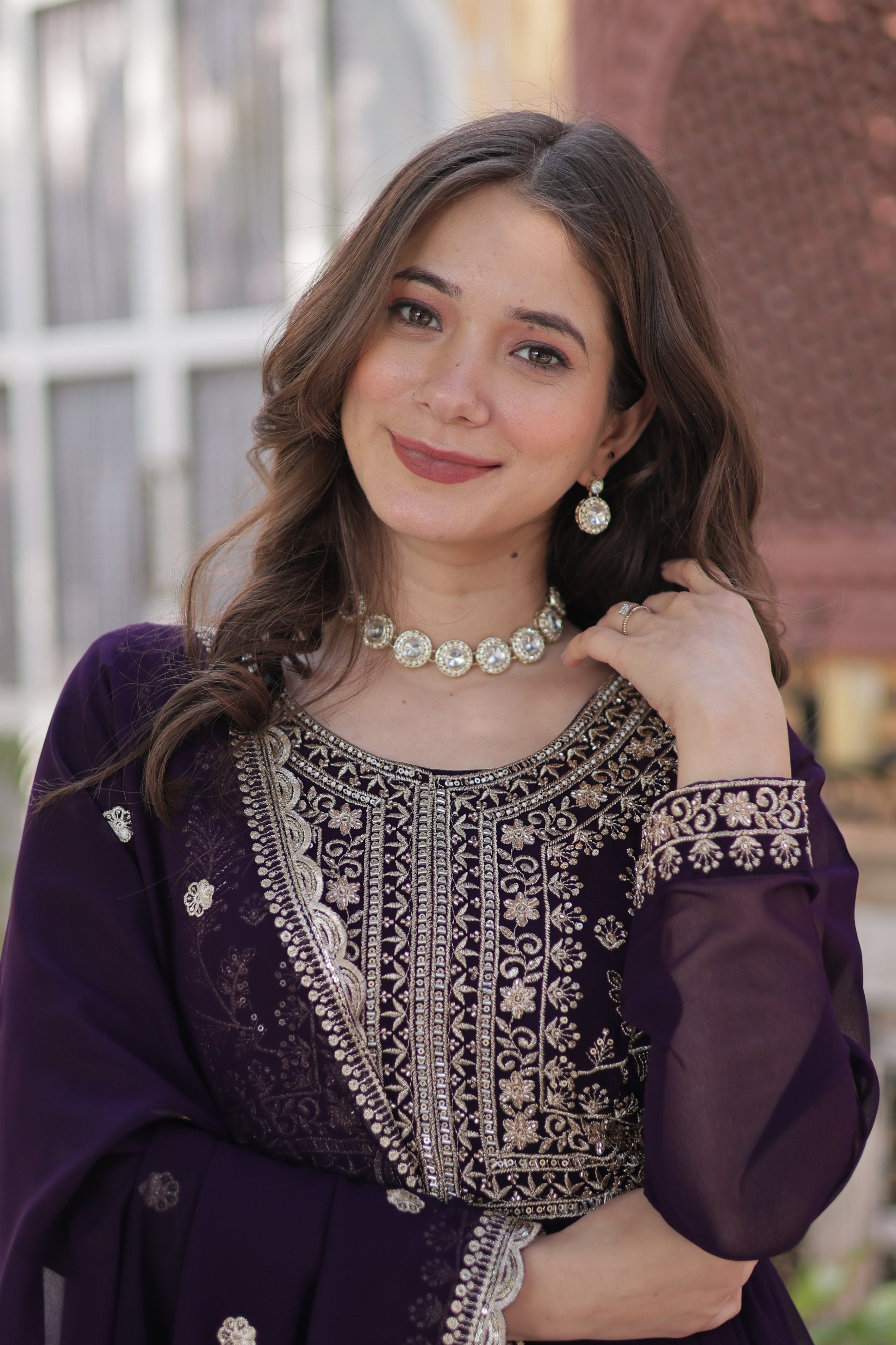 Women's Wine Faux Georgette Pearl Embroidered Anarkali Set