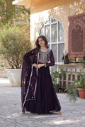 Wine-colored faux georgette Anarkali set with pearl work and high flare