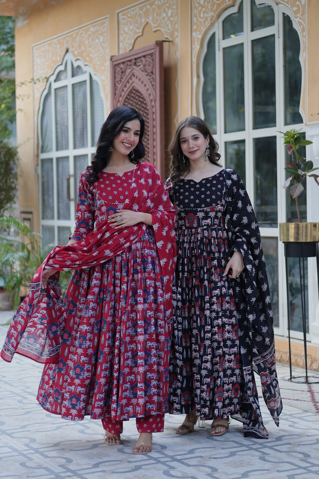 Women's Maroon & Black Cotton Printed Designer Anarkali Set