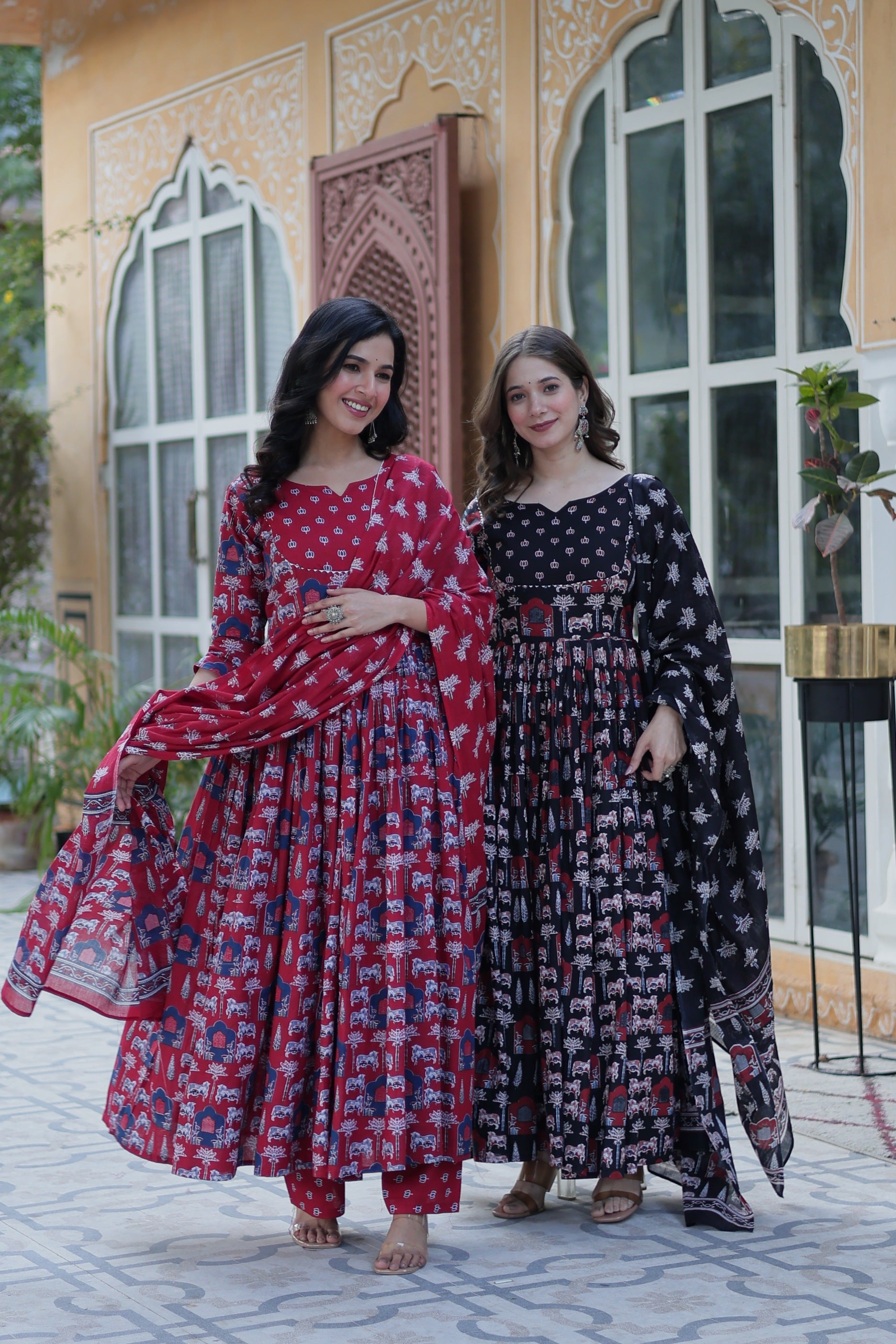 Women's Maroon & Black Cotton Printed Designer Anarkali Set