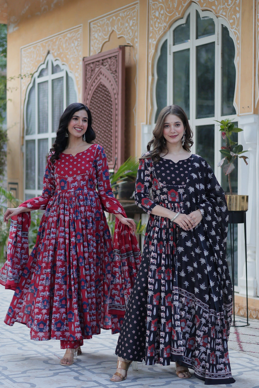 Women's Maroon & Black Cotton Printed Designer Anarkali Set