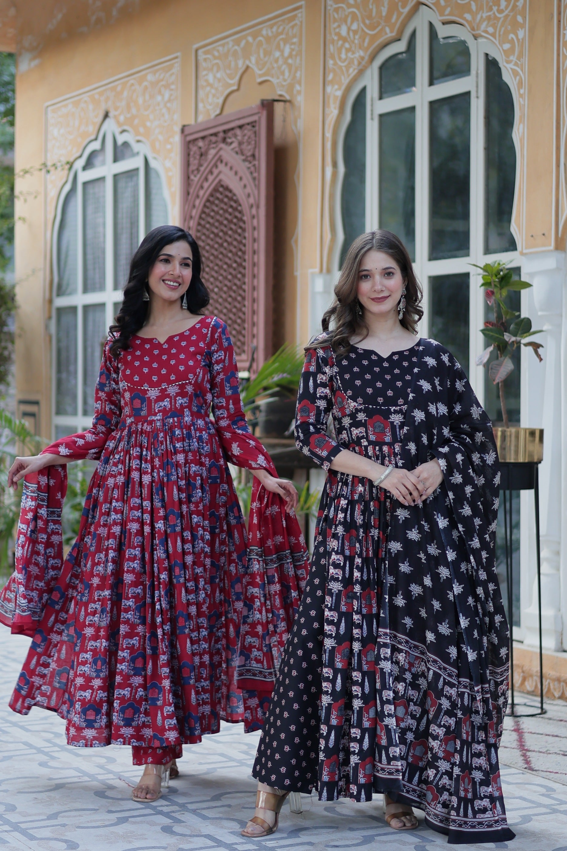 Women's Maroon & Black Cotton Printed Designer Anarkali Set