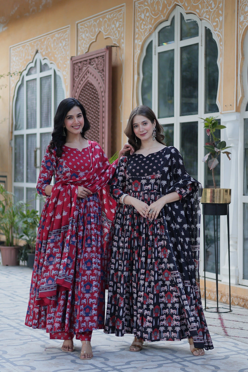 Maroon and black printed cotton A-line Anarkali dress with V-neck