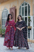 Maroon and black printed cotton A-line Anarkali dress with V-neck