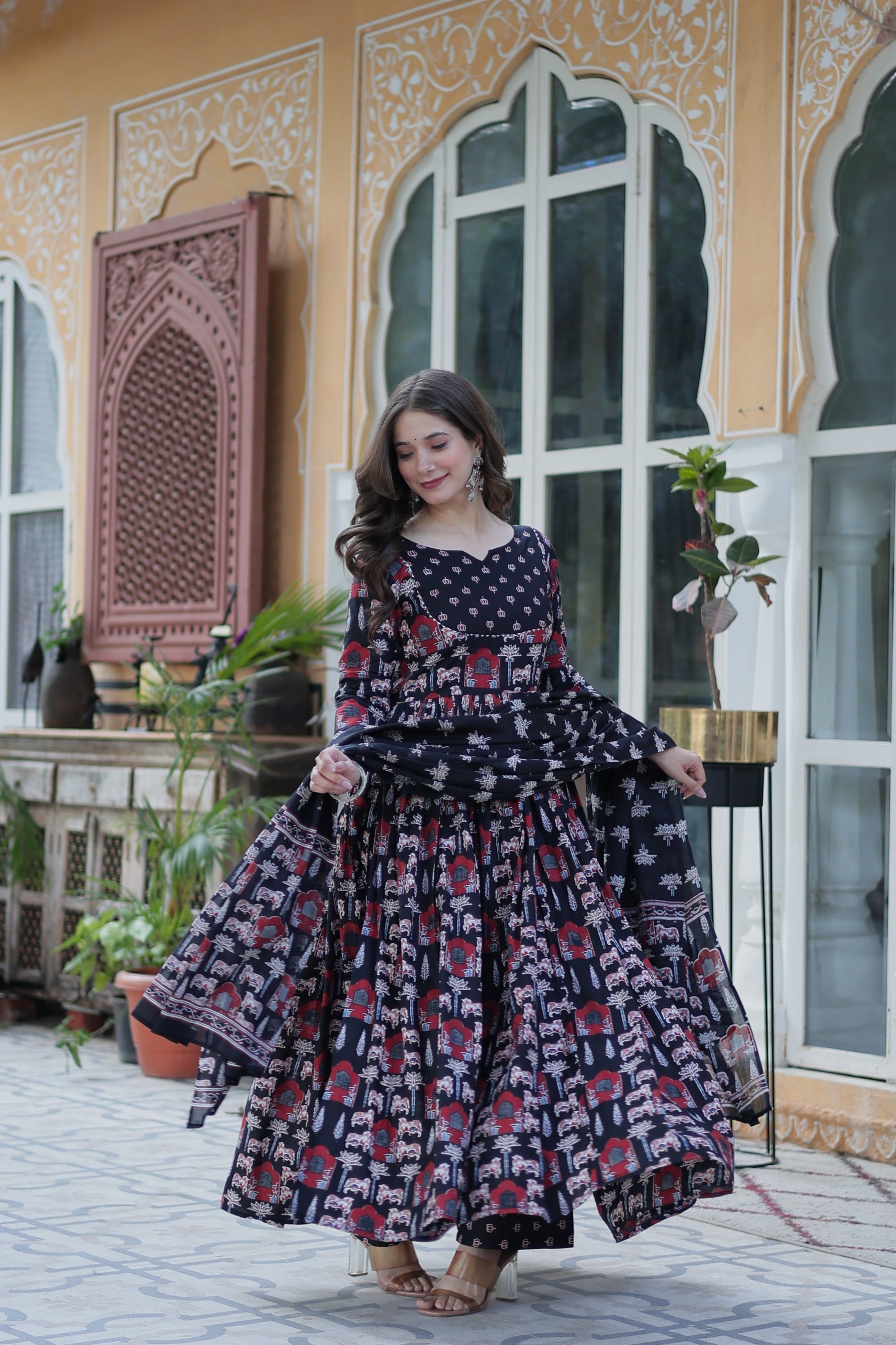 Jyoti Fashion Women's Black Cotton Printed Designer Anarkali Set with Dupatta