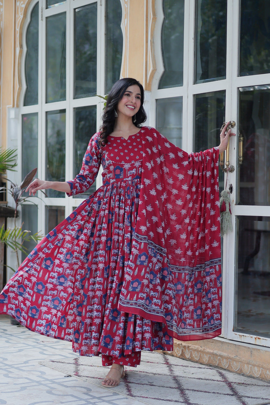 Women's Maroon Cotton Printed Anarkali Set with Dupatta