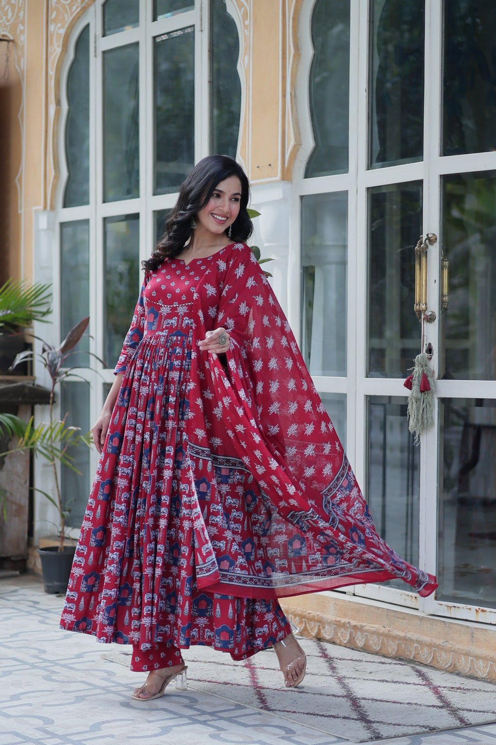 Women's Maroon Cotton Printed Anarkali Set with Dupatta