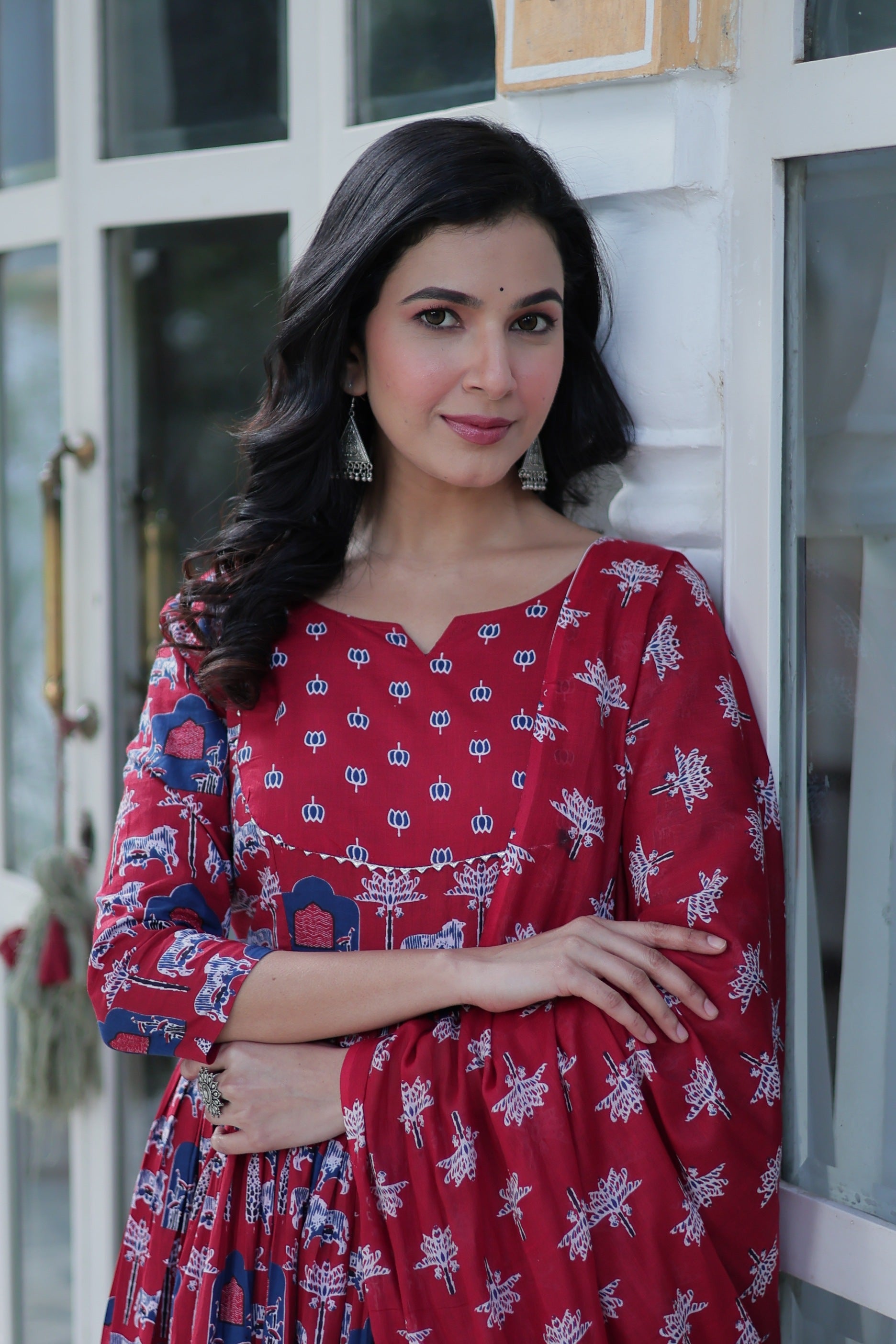 Women's Maroon Cotton Printed Anarkali Set with Dupatta