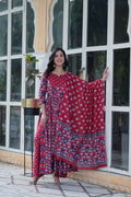Elegant maroon cotton printed Anarkali set for women featuring V-neck and dupatta