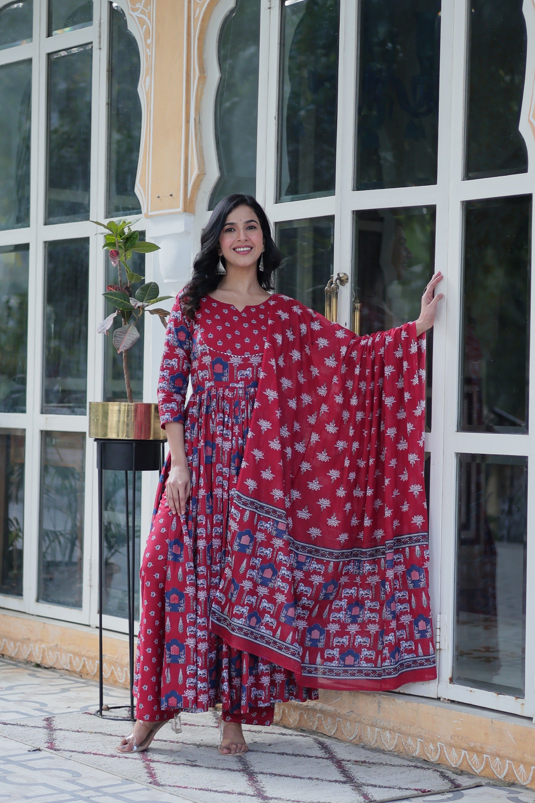 Elegant maroon cotton printed Anarkali set for women featuring V-neck and dupatta
