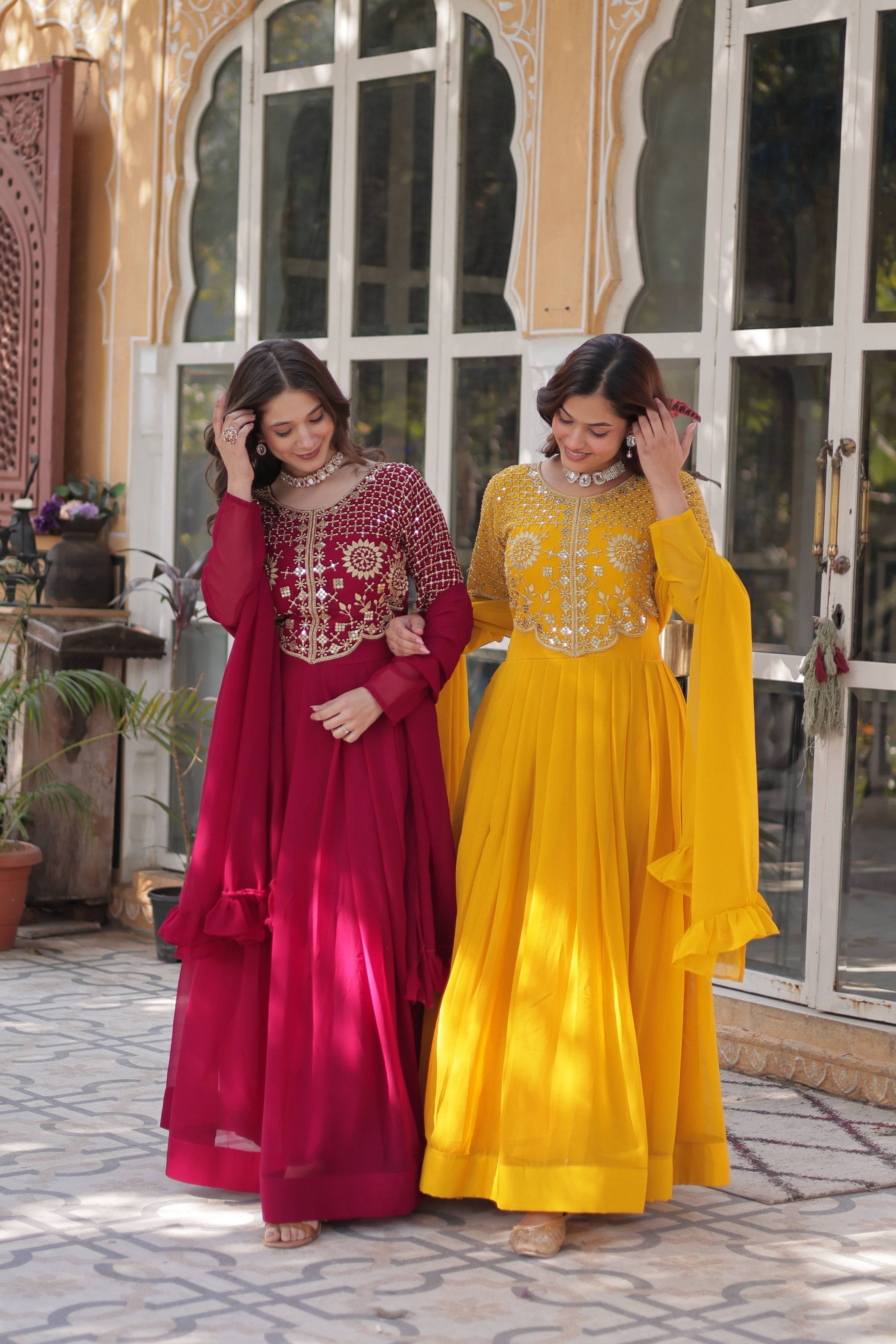 Pink & Yellow Faux Georgette Embroidered A-Line Anarkali Set