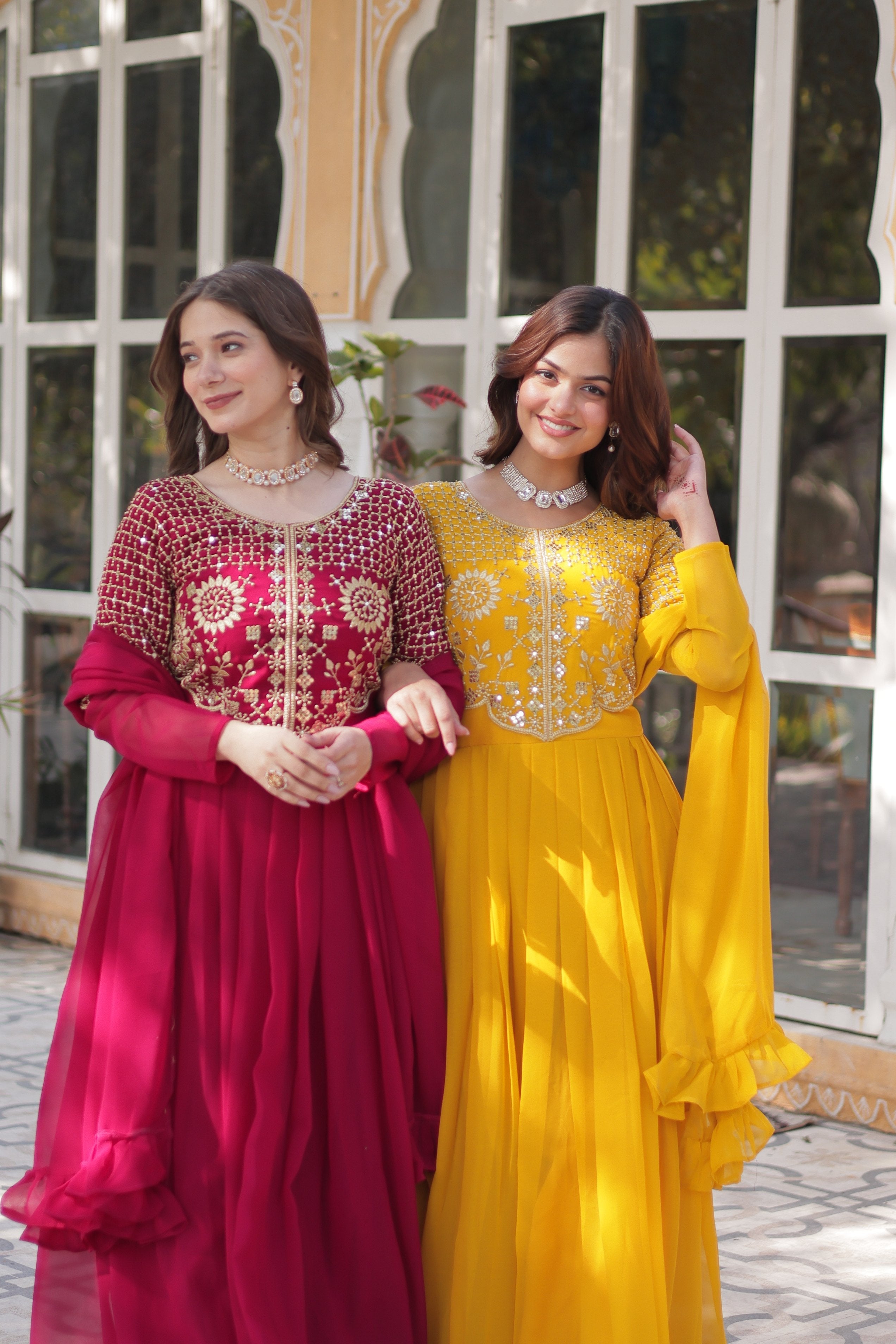 Pink & Yellow Faux Georgette Embroidered A-Line Anarkali Set