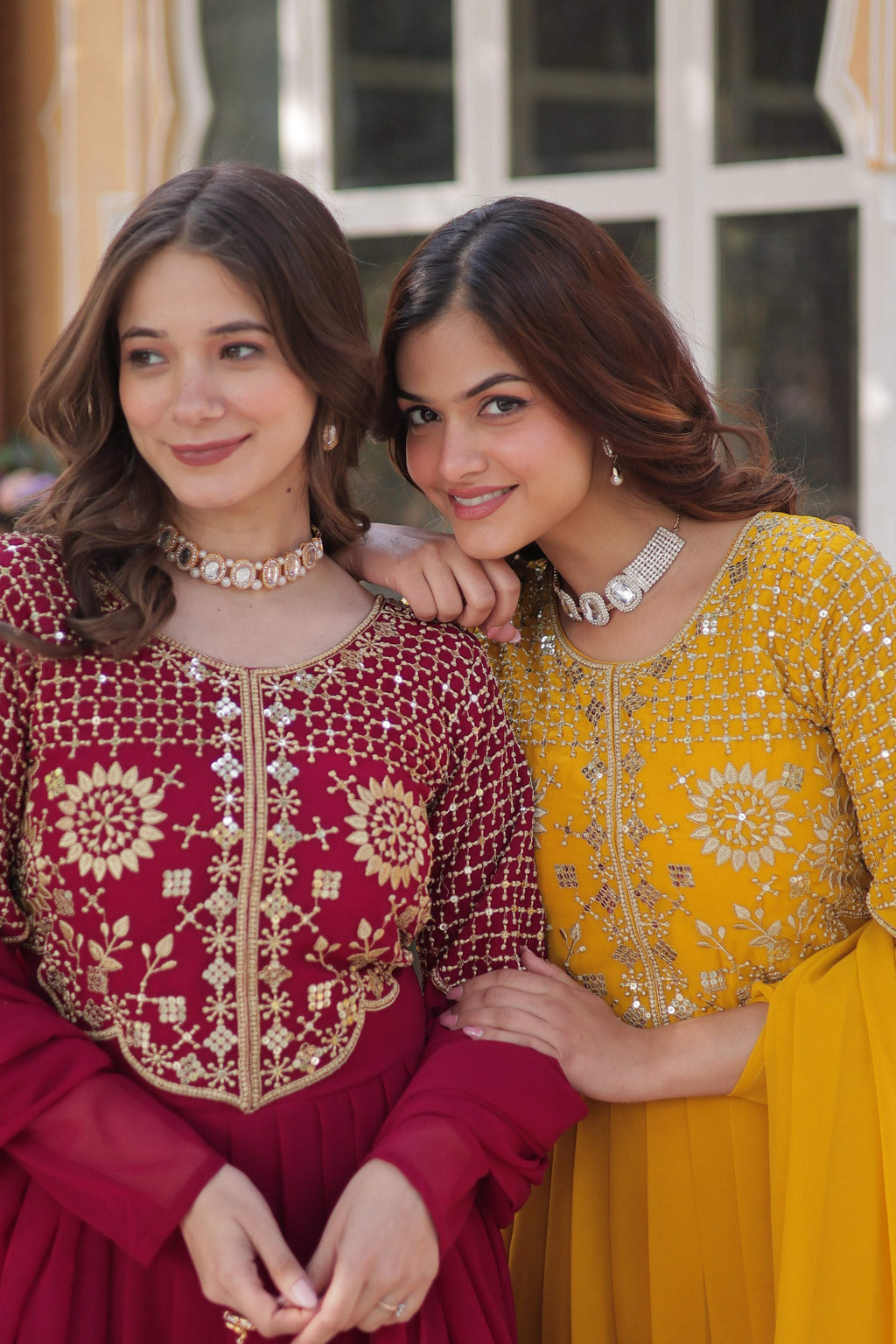 Pink & Yellow Faux Georgette Embroidered A-Line Anarkali Set