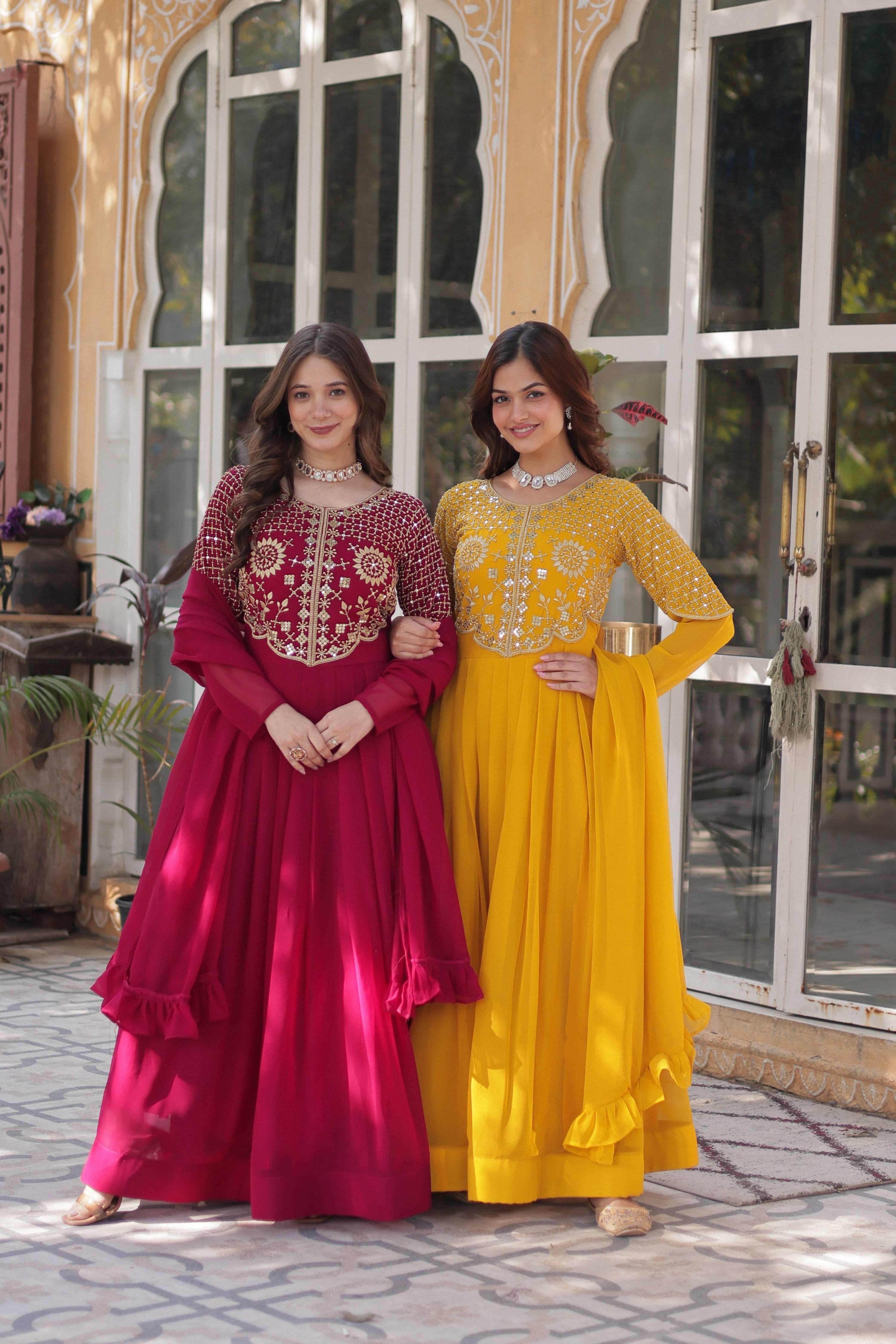 Pink and yellow embroidered faux georgette A-line Anarkali set with matching dupatta