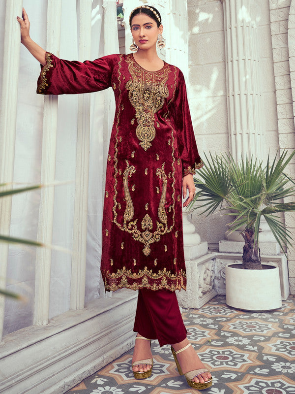 Maroon Velvet Straight Kurta Set with Digital Print and Dupatta