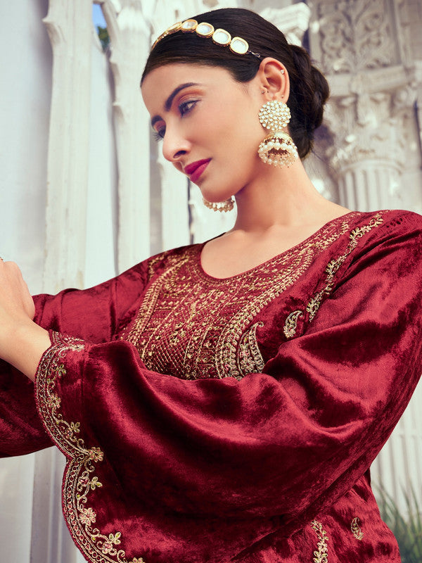 Maroon Velvet Straight Kurta Set with Digital Print and Dupatta