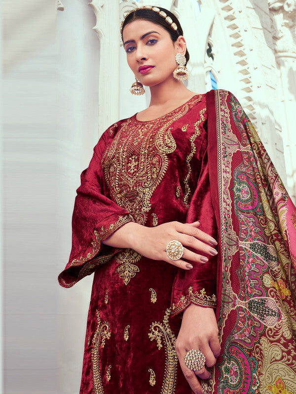 Maroon Velvet Straight Kurta Set with Digital Print and Dupatta