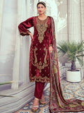 Maroon velvet straight kurta with digital print, pashmina trousers, and matching dupatta for women