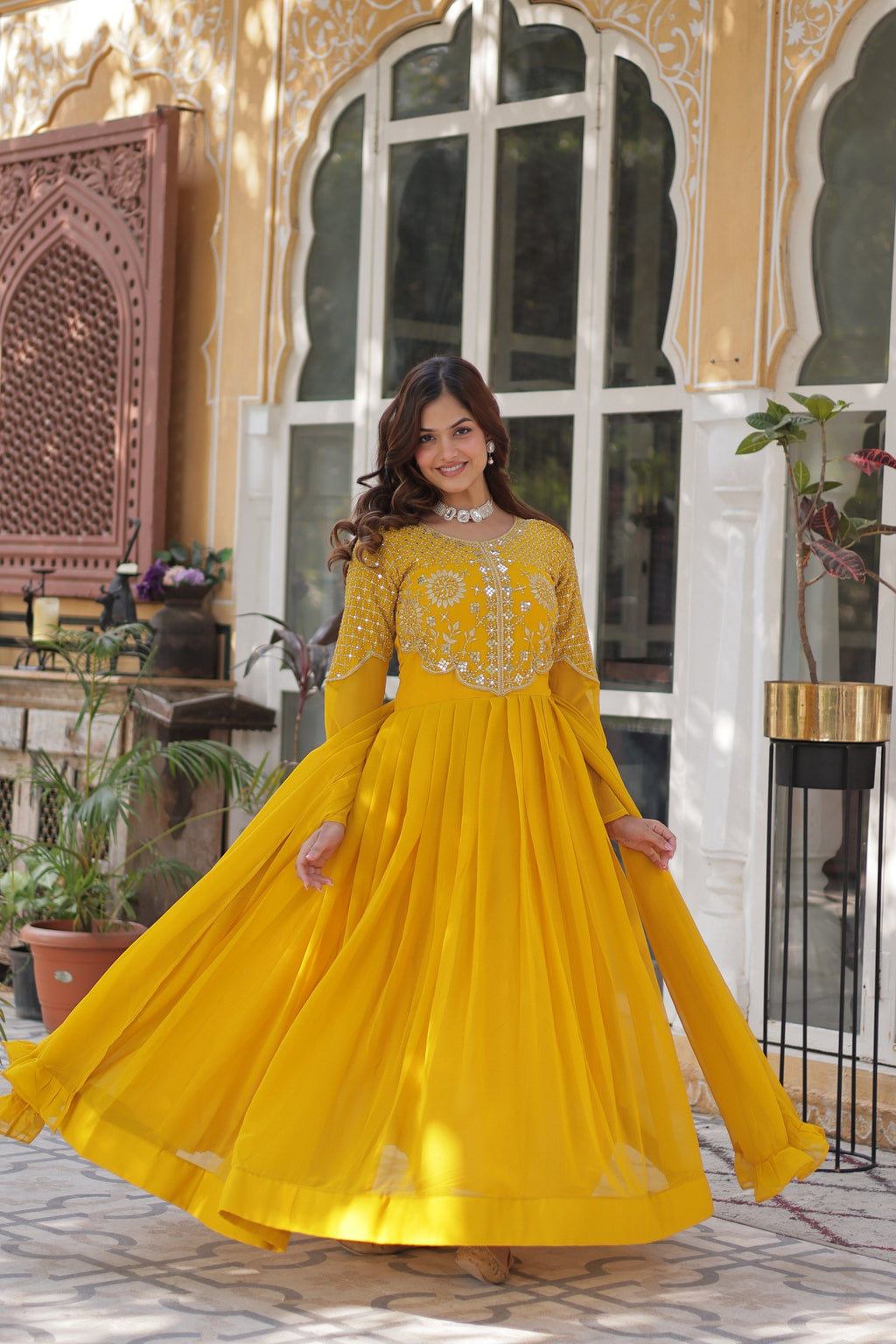 Women's Yellow Faux Georgette Embroidered A-Line Anarkali Set