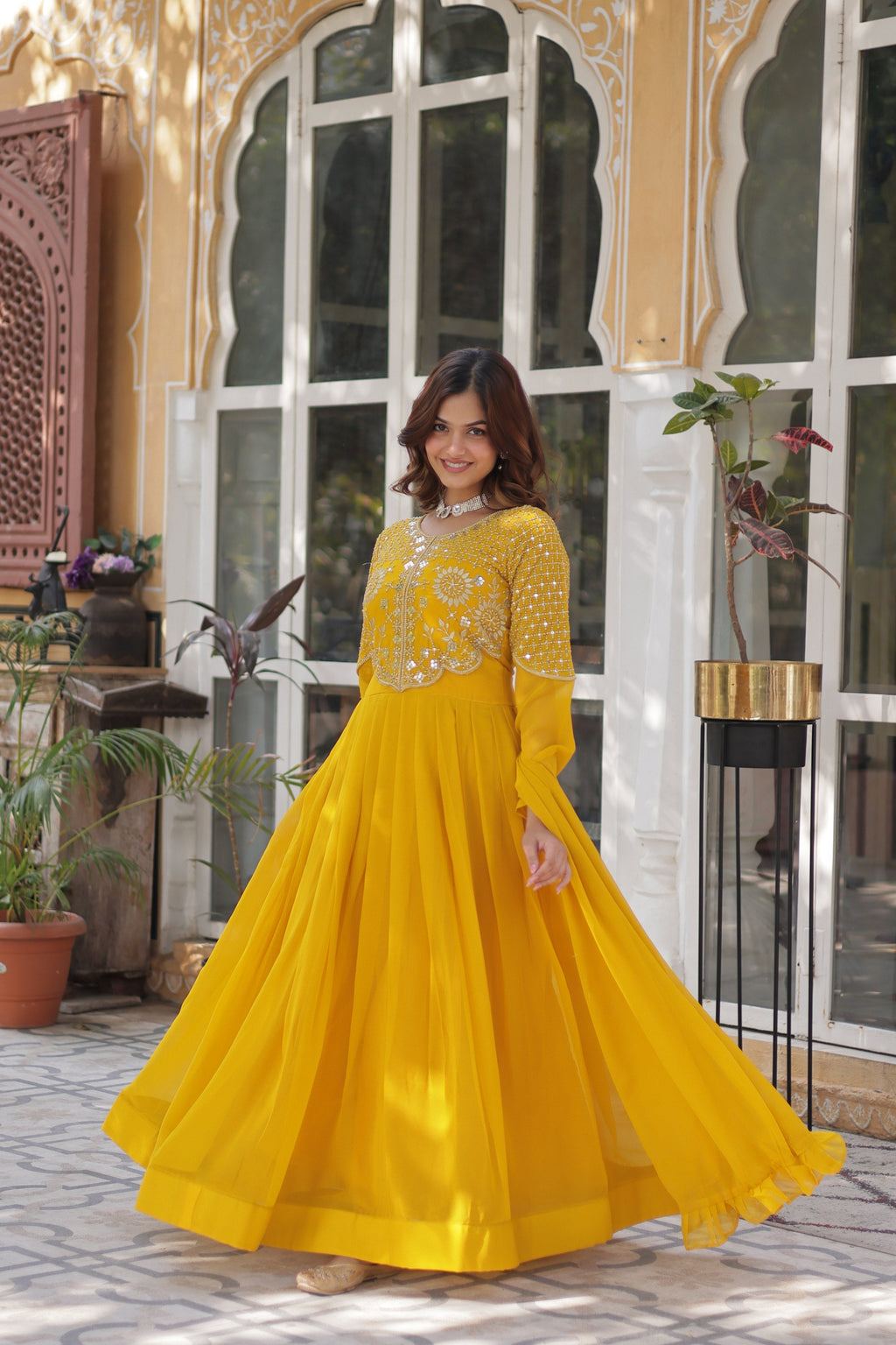 Women's Yellow Faux Georgette Embroidered A-Line Anarkali Set