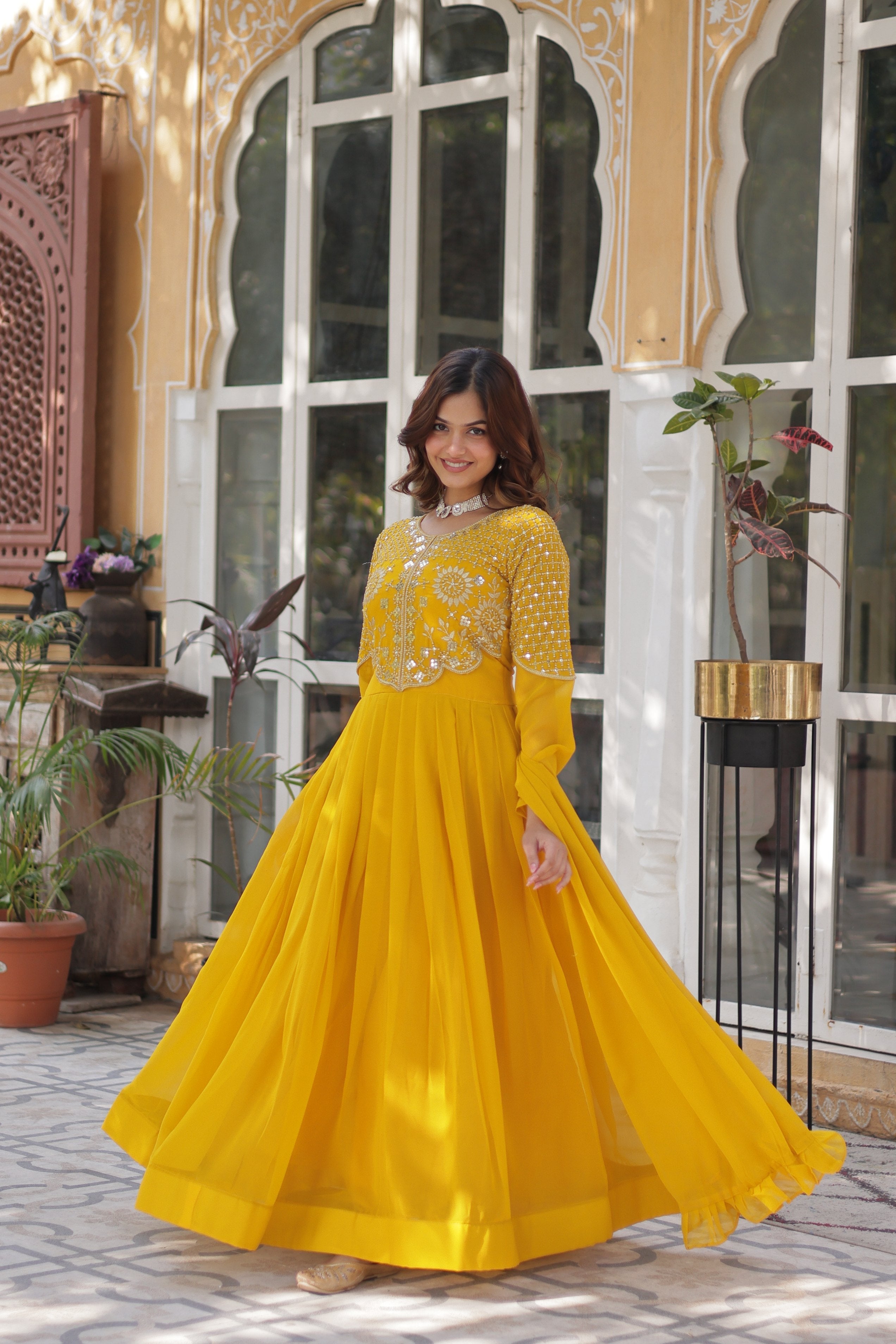 Women's Yellow Faux Georgette Embroidered A-Line Anarkali Set