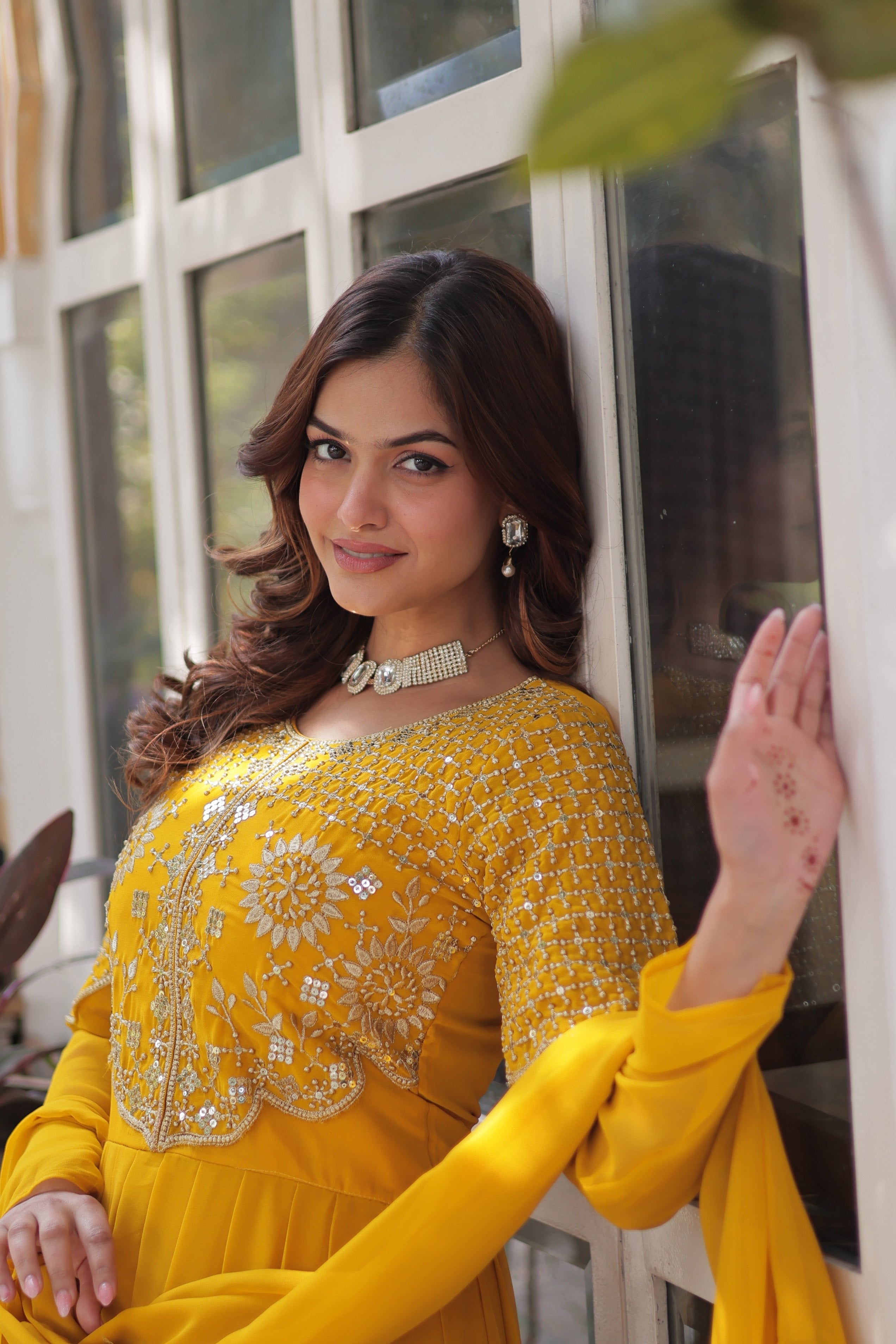 Women's Yellow Faux Georgette Embroidered A-Line Anarkali Set