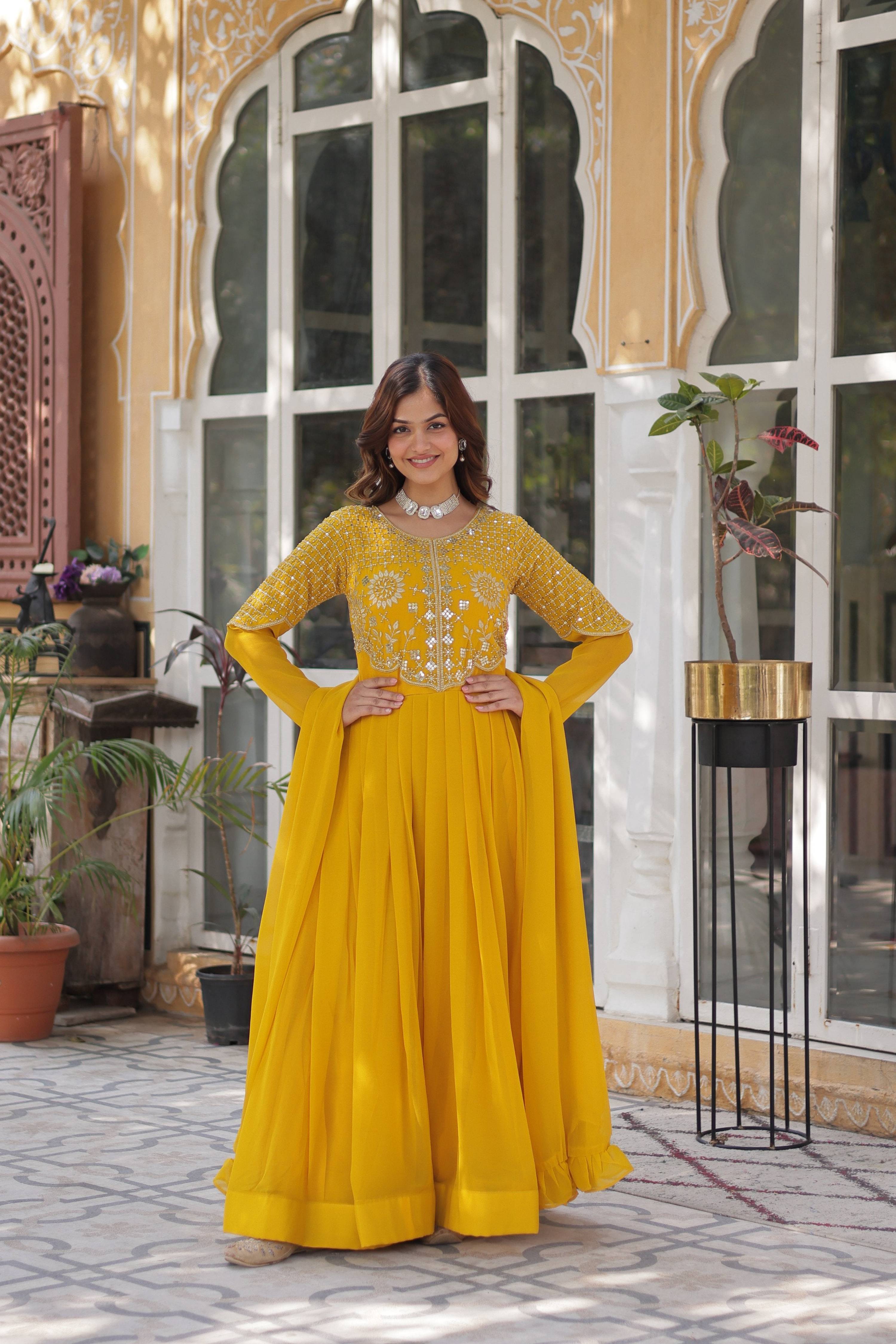 Yellow Faux Georgette embroidered Anarkali set with dupatta and 3.5-meter flair