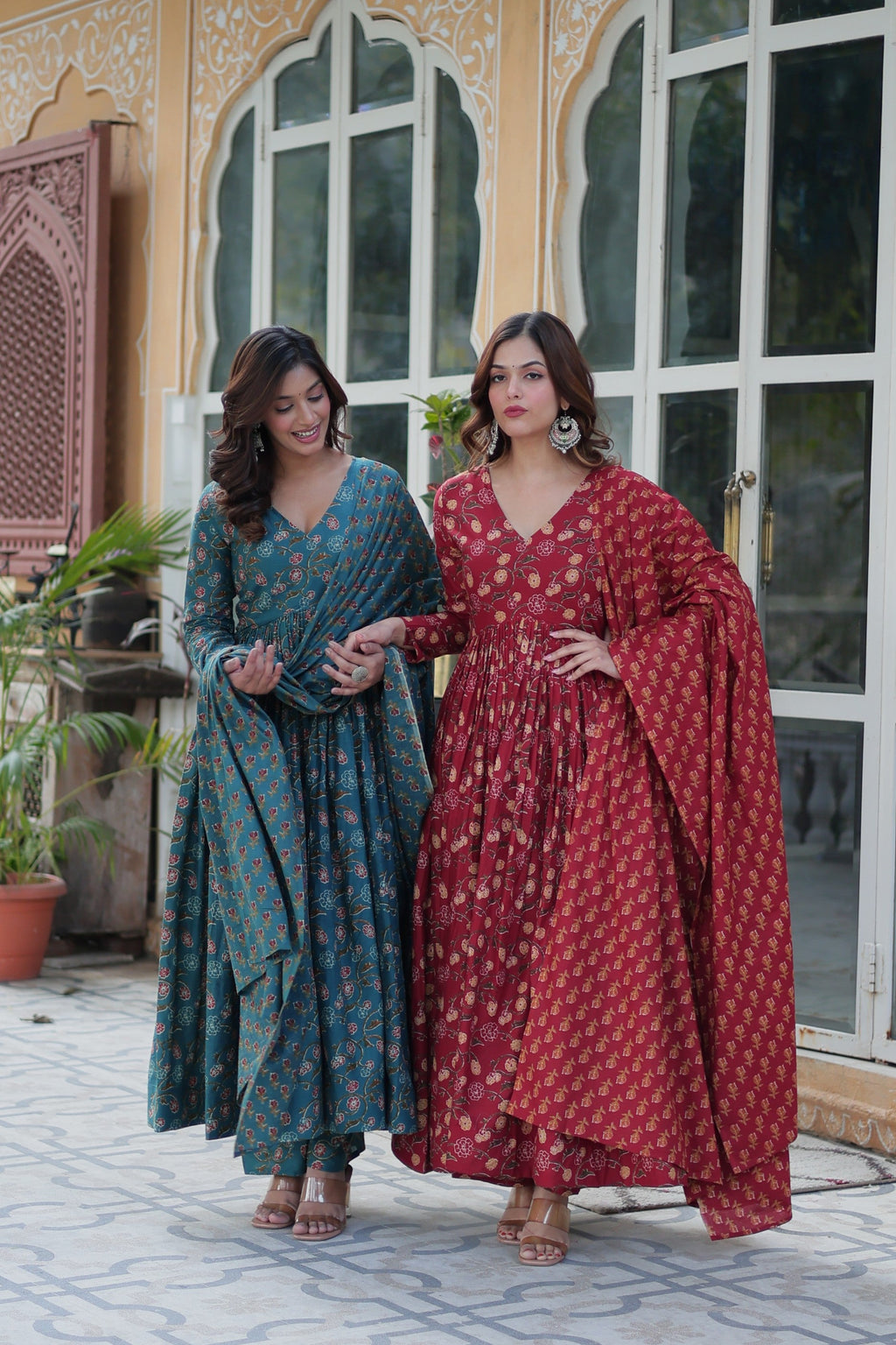 Jyoti Fashion Women's Rama & Maroon Cotton Printed Designer Combo Anarkali Set with Dupatta