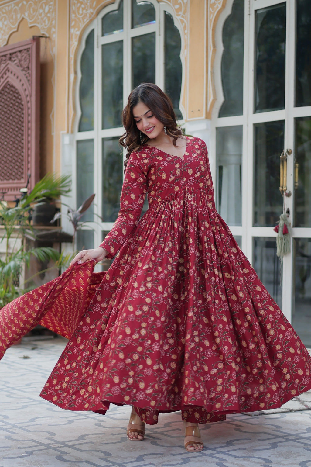 Jyoti Fashion Women's Maroon Cotton Printed Designer Anarkali Set with Dupatta