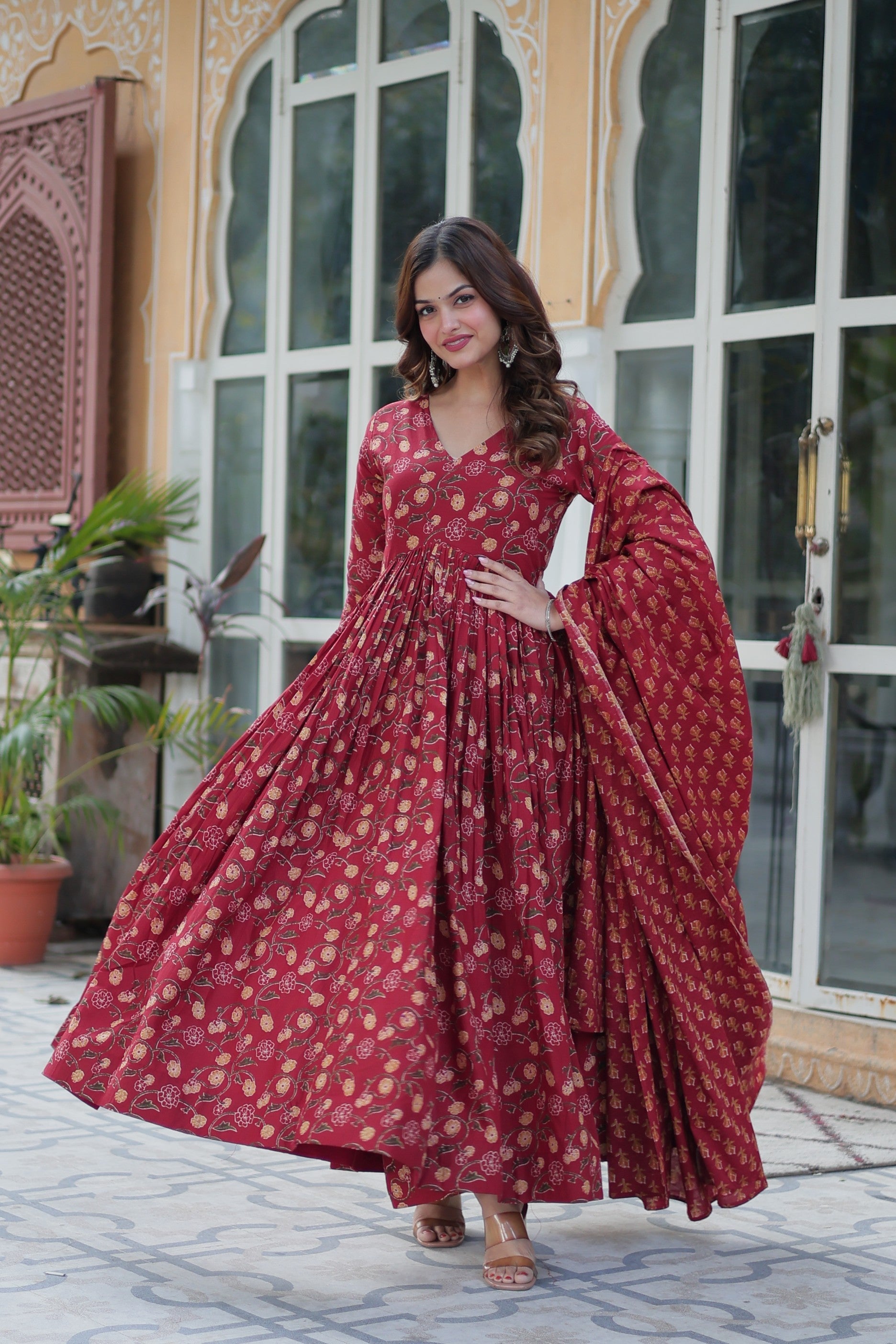 Jyoti Fashion Women's Maroon Cotton Printed Designer Anarkali Set with Dupatta