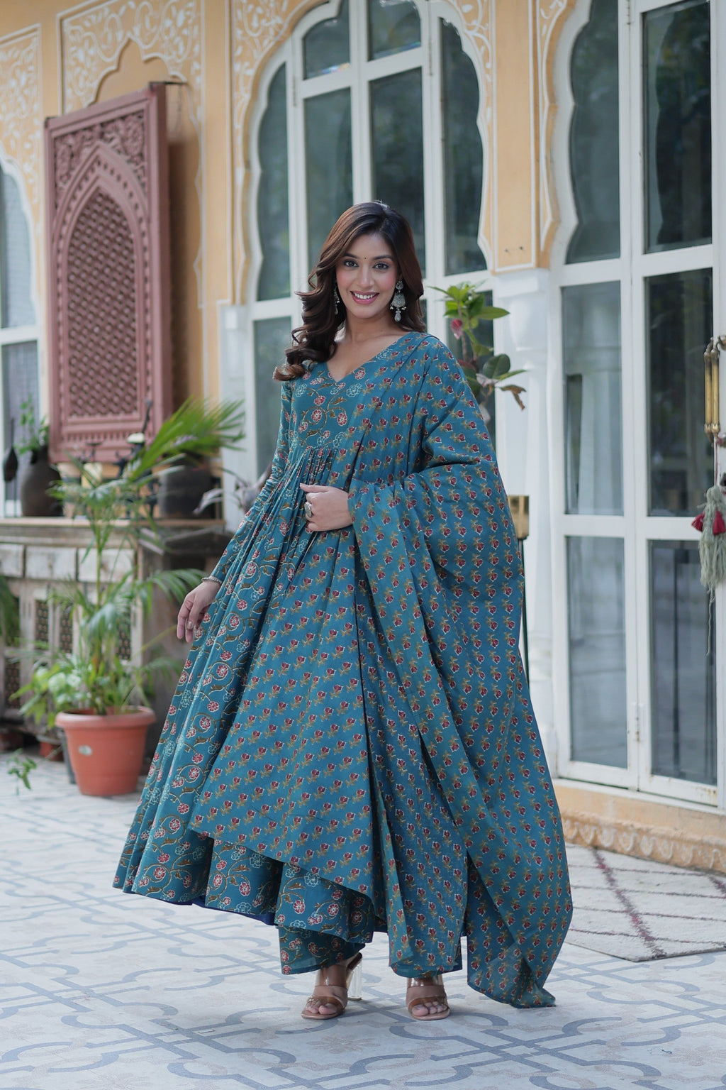 Rama Cotton Printed A-Line Anarkali Set with Dupatta