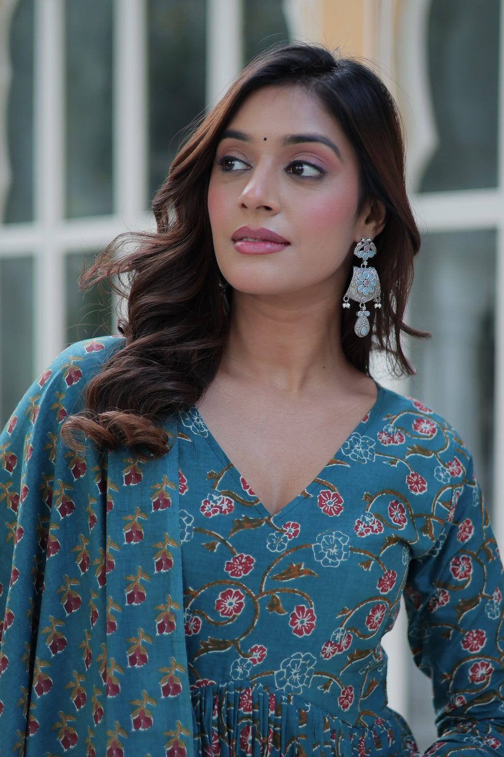 Rama Cotton Printed A-Line Anarkali Set with Dupatta