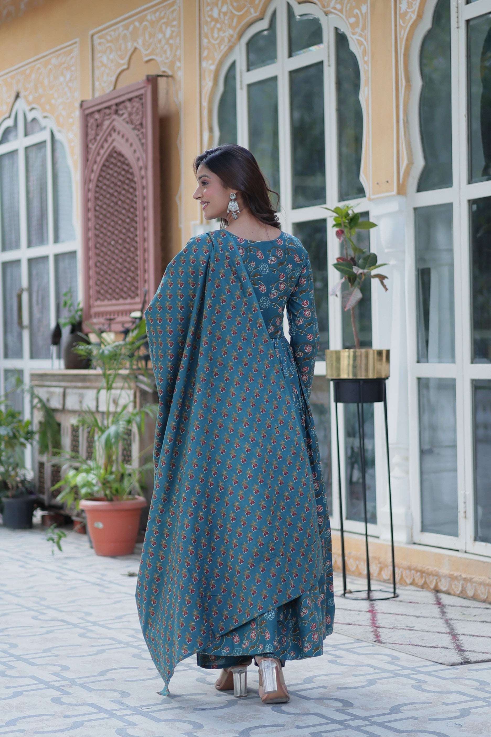 Rama Cotton Printed A-Line Anarkali Set with Dupatta