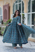 Full-length Rama cotton Anarkali set with floral print, V-neck, and matching dupatta.