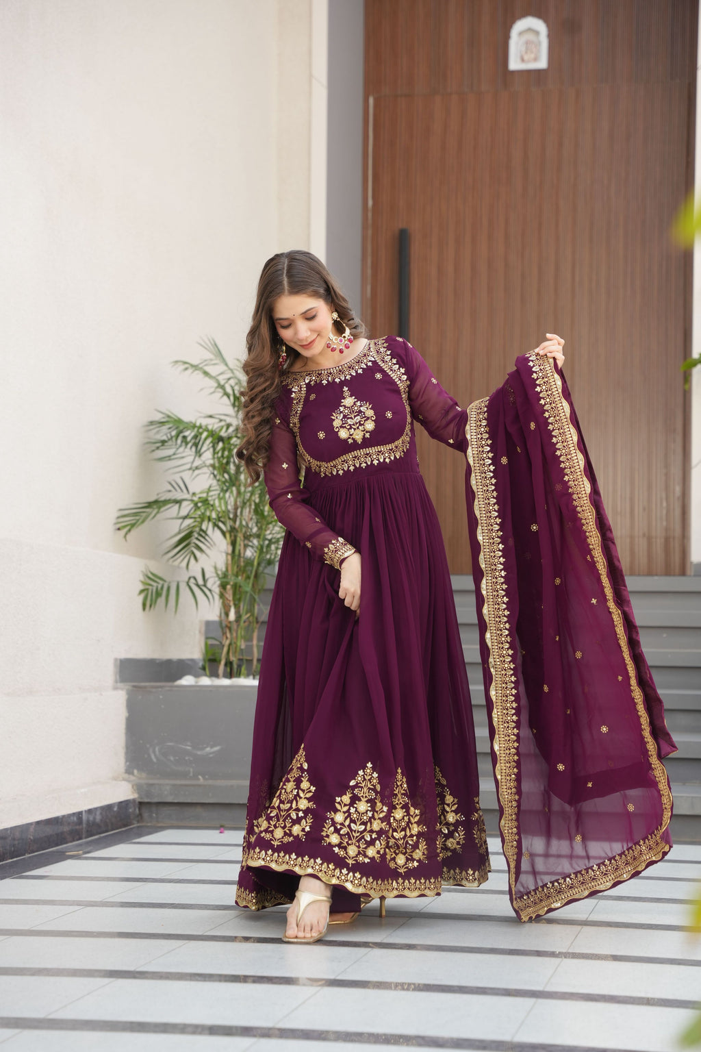 Women's Wine Faux Georgette Embroidered Anarkali Set with Dupatta