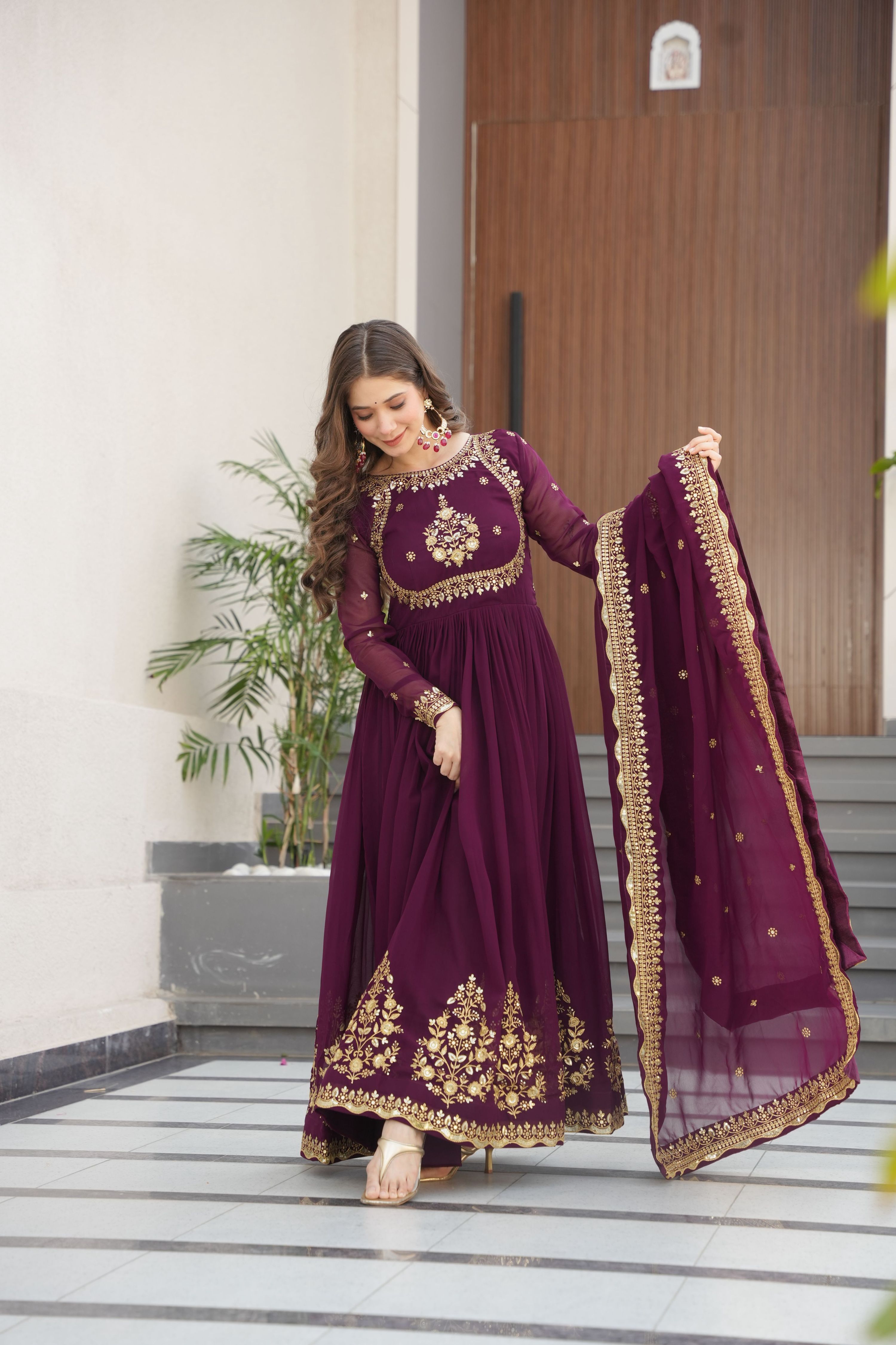 Women's Wine Faux Georgette Embroidered Anarkali Set with Dupatta