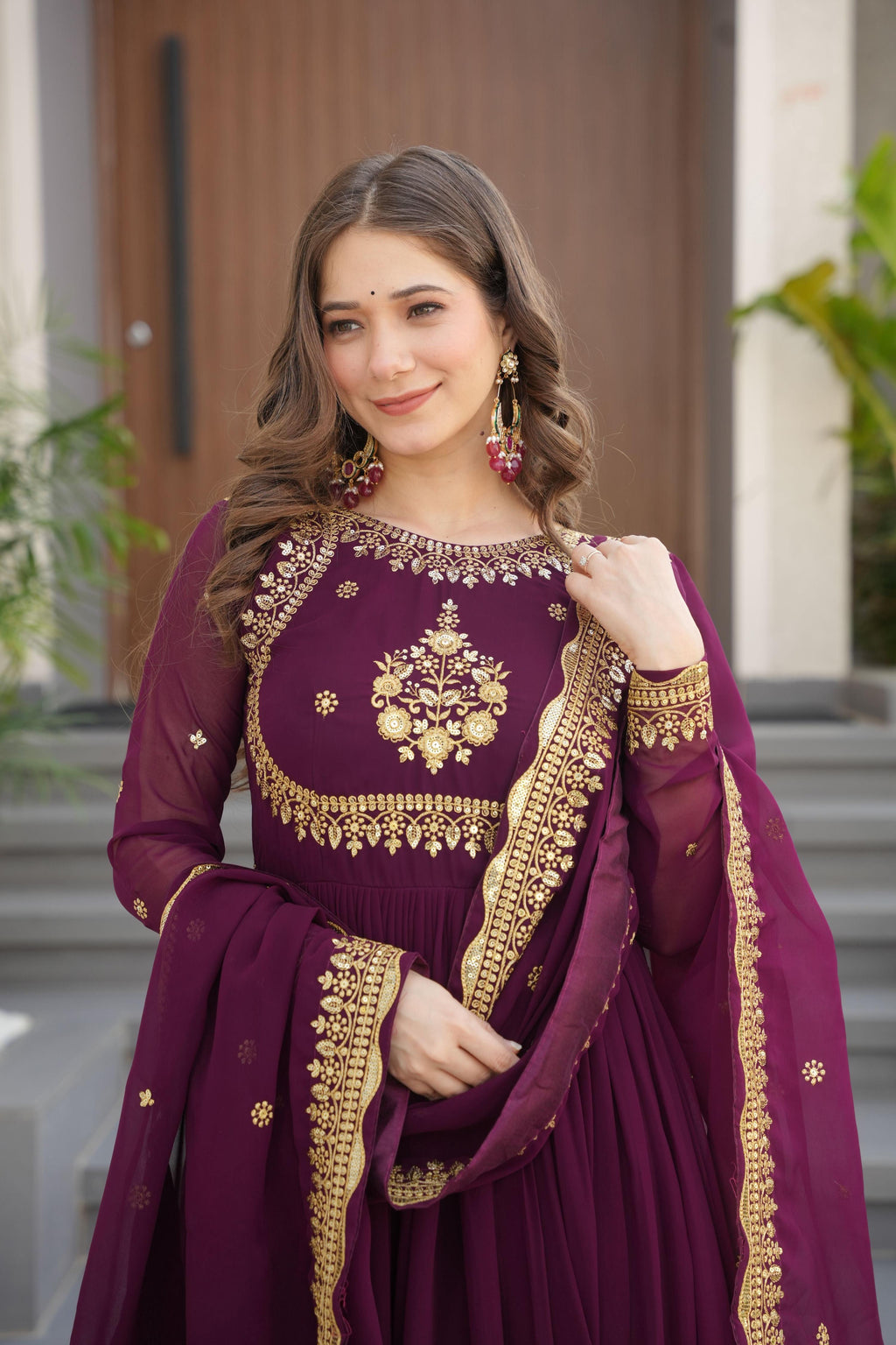 Women's Wine Faux Georgette Embroidered Anarkali Set with Dupatta