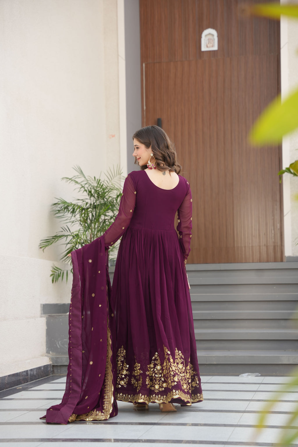Women's Wine Faux Georgette Embroidered Anarkali Set with Dupatta
