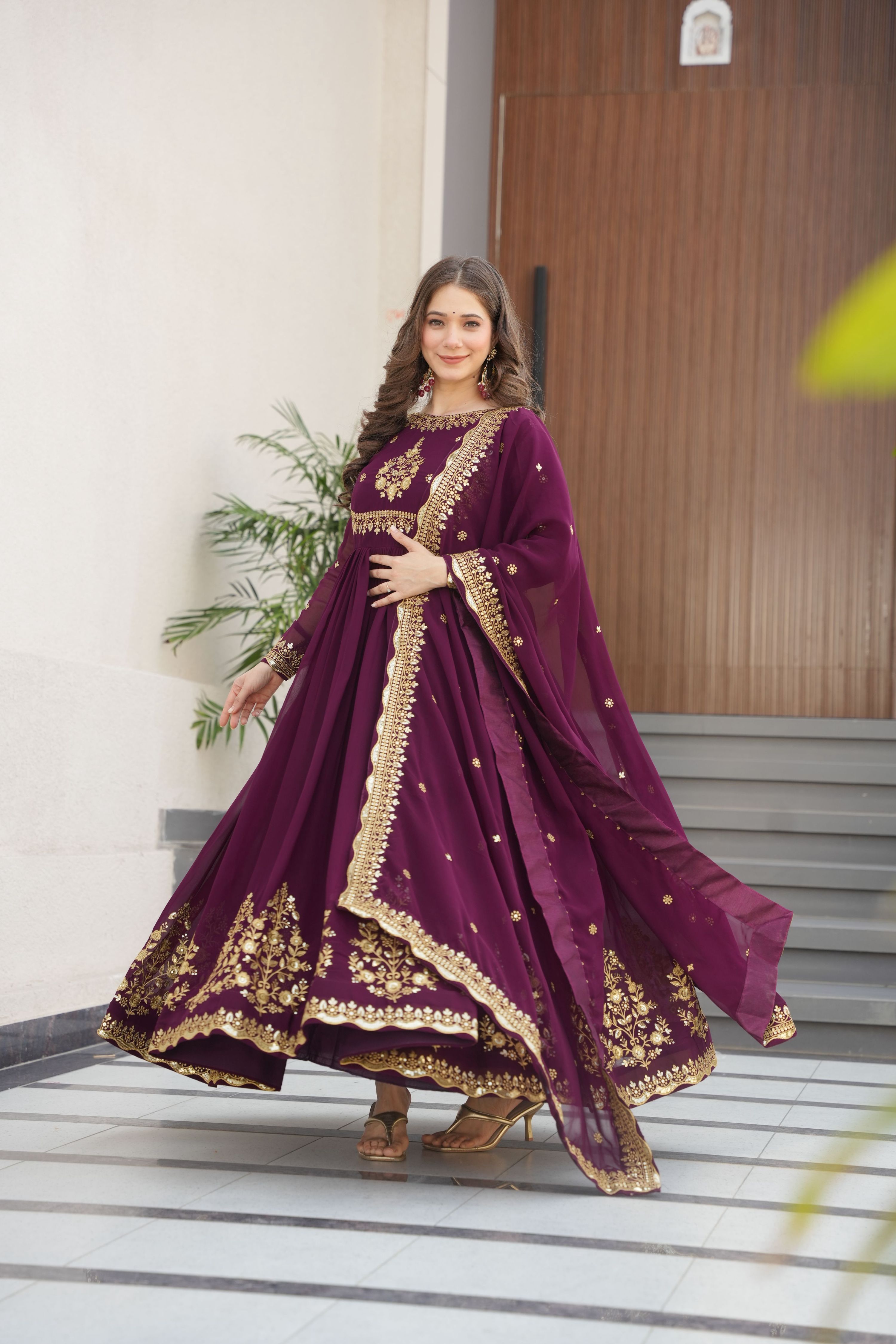 Women's Wine Faux Georgette Anarkali set with zari and sequins embroidery and matching dupatta