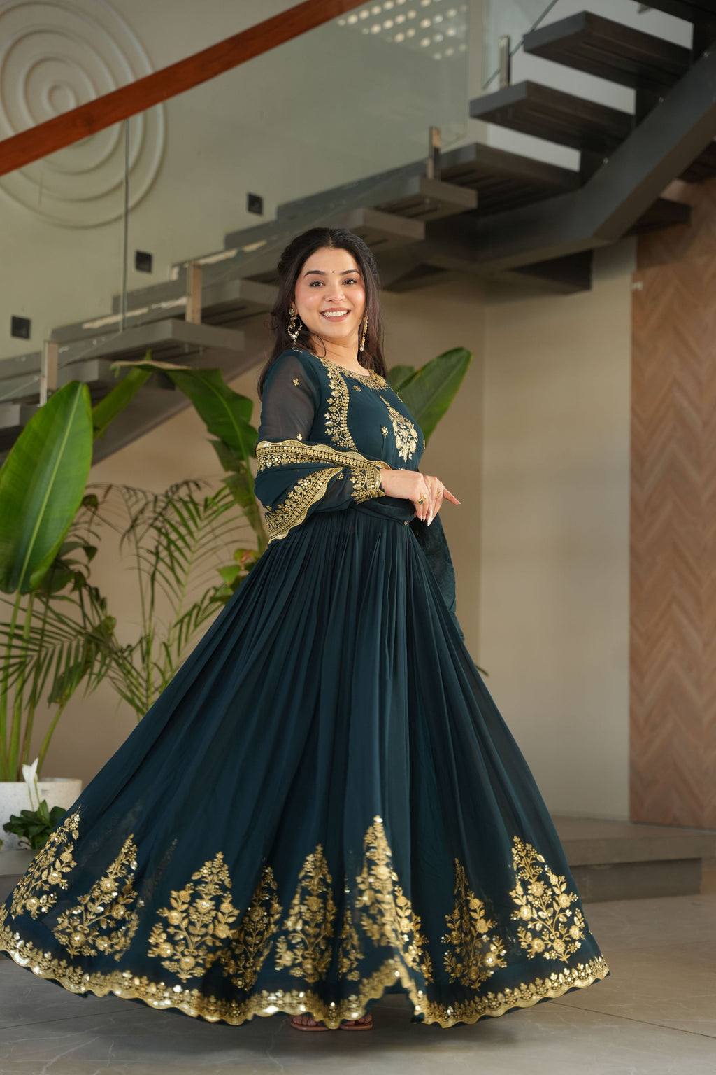 Women's Rama Faux Georgette Embroidered Anarkali Set with Dupatta