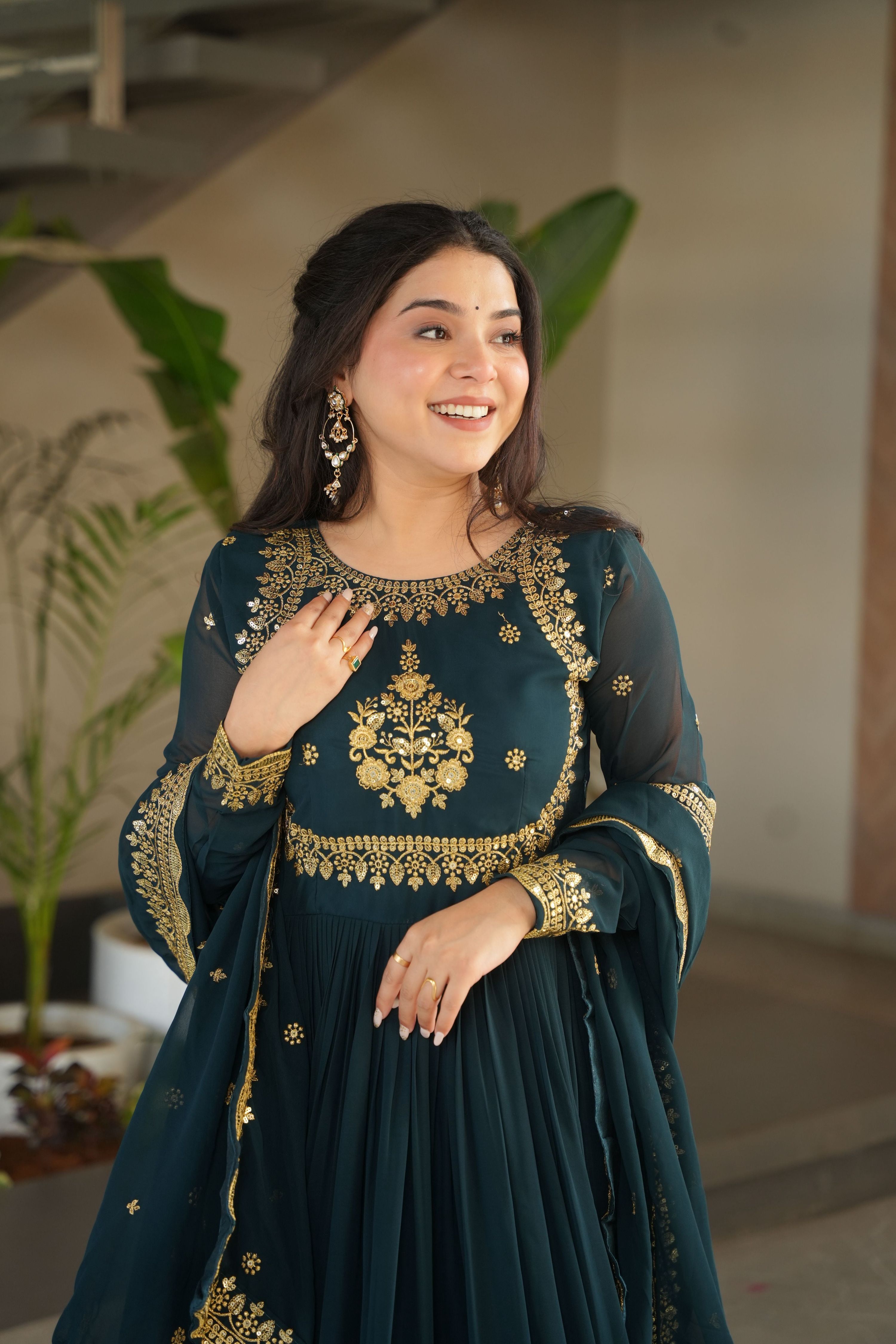 Women's Rama Faux Georgette Embroidered Anarkali Set with Dupatta