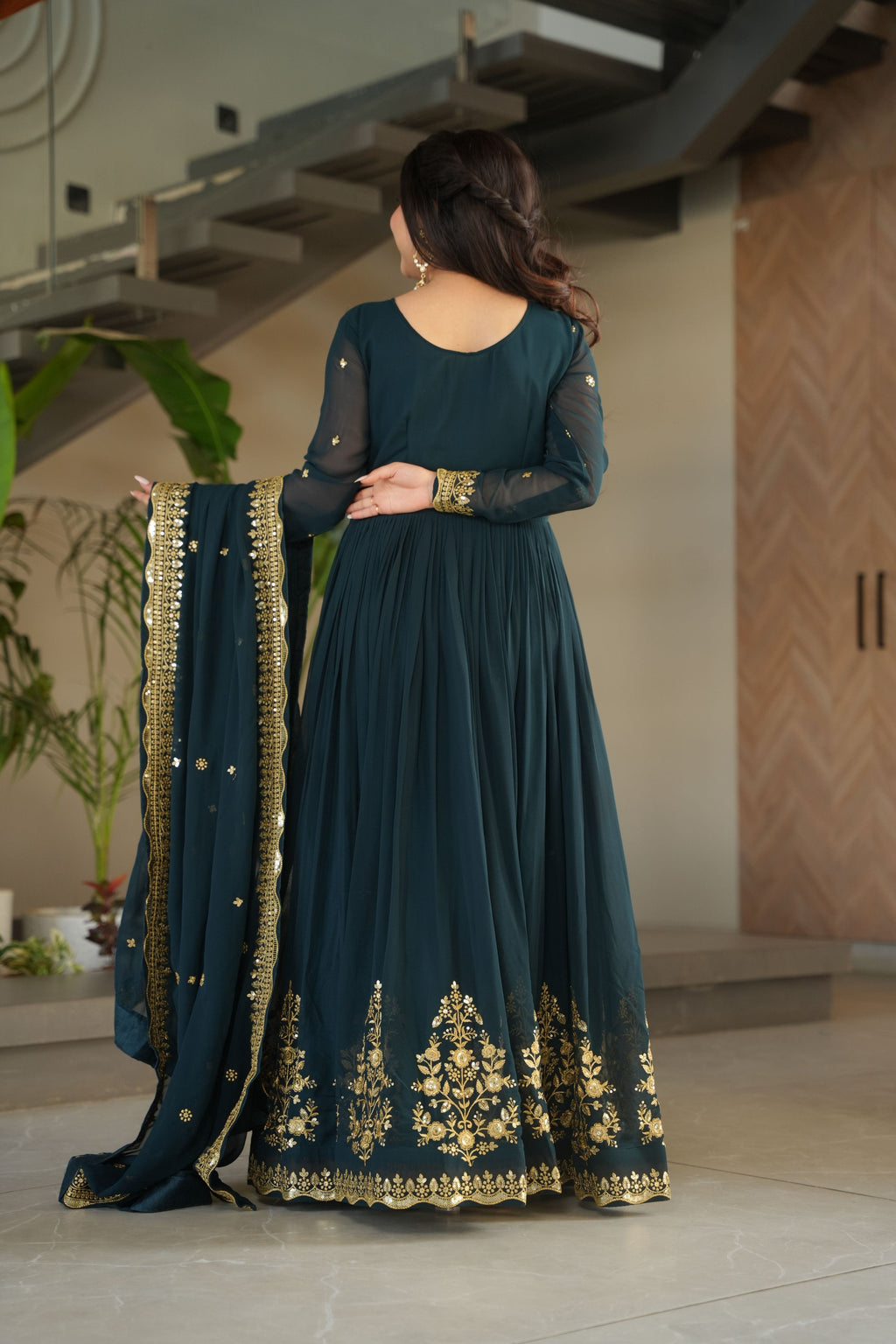 Women's Rama Faux Georgette Embroidered Anarkali Set with Dupatta