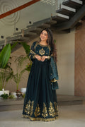 Rama colored Faux Georgette Anarkali set with Zari thread and sequins embroidery and matching dupatta
