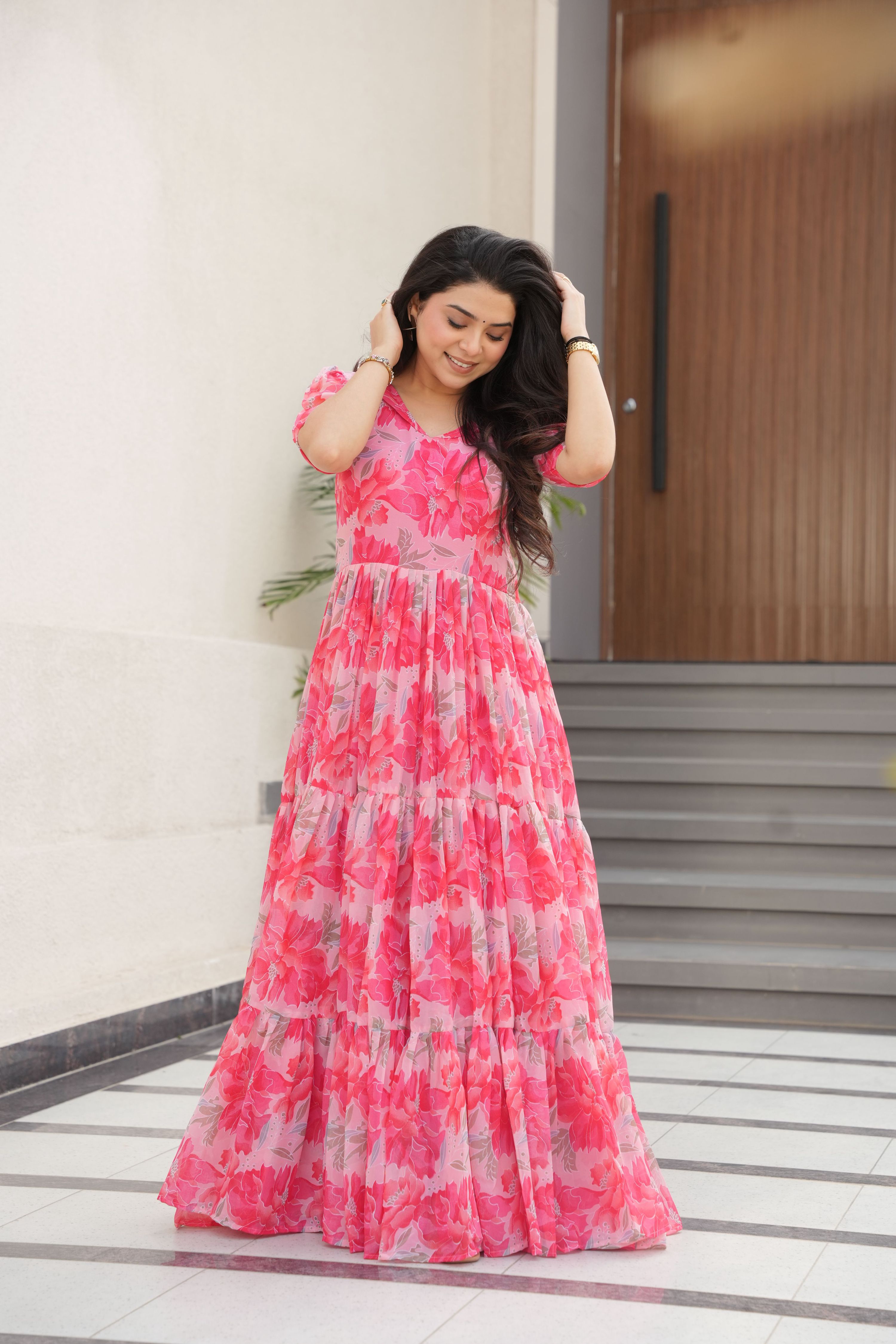 Women's Pink Floral Printed Faux Georgette Long Anarkali Dress